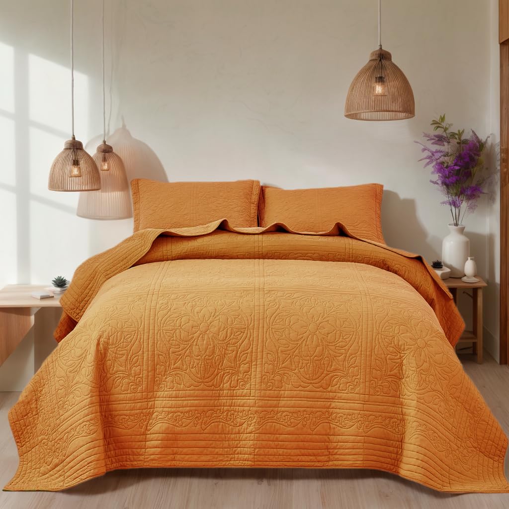 WINLIFE 100% Cotton Quilt Set Full/Queen 90x98 Inch Beige Summer Bedspread Super Soft Lightweight Matelasse Embroidery Floral Coverlets for All Season, 3 Piece (1 Quilt, 2 Pillow Shams)