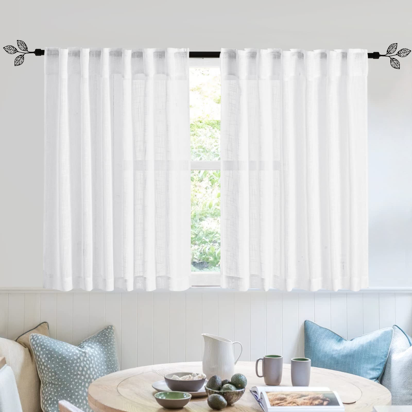 RYB HOME Semi Sheer Curtains - Linen Blend Privacy Curtains Sheer Window Treatment Drapes Farmhouse Decor for Bedroom Living Room Sliding Glass Door, 52 inch Wide x 95 inch Long 2 Panels, Linen