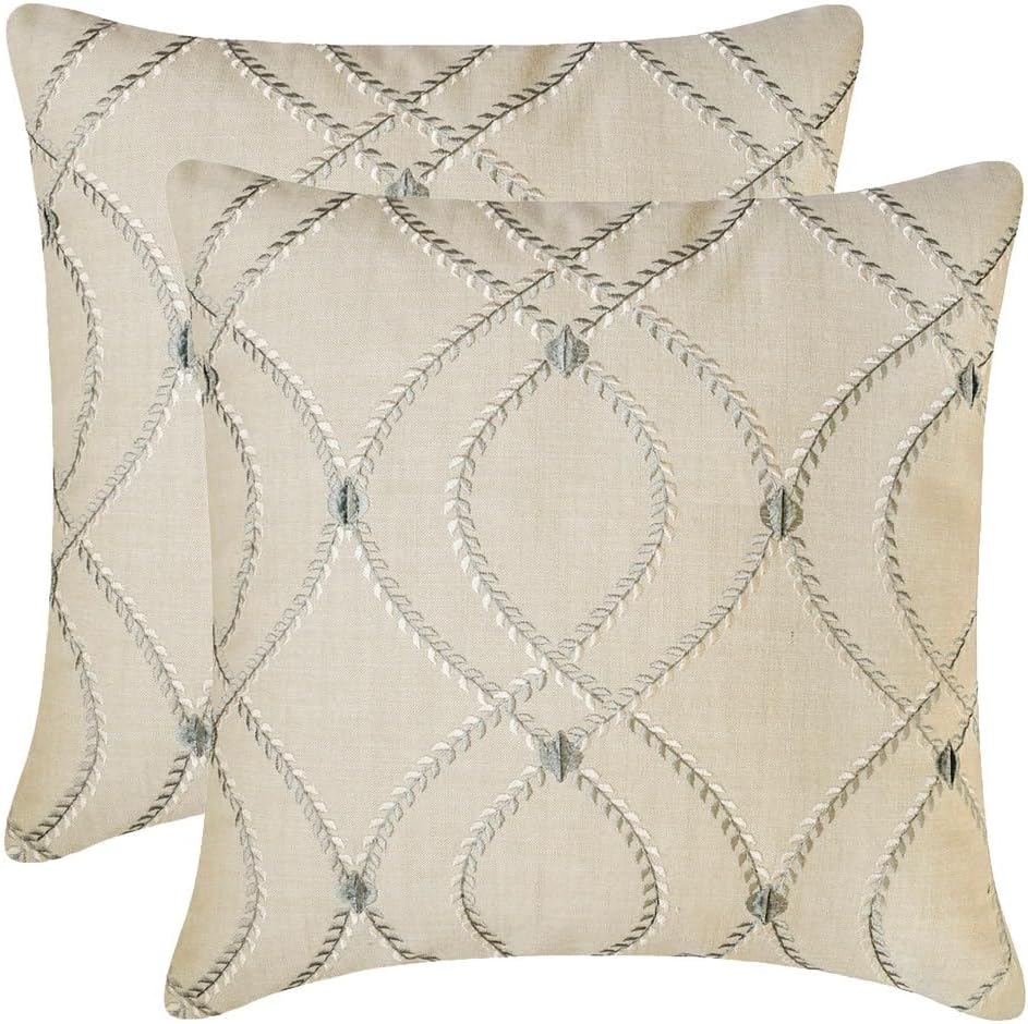 The HomeCentric Decorative Pillow Covers Beige Pack of 2, 20"x20" (50x50 cm) Linen Embroidery Cushion Covers for Sofa, Geometric Modern Style - Juliette