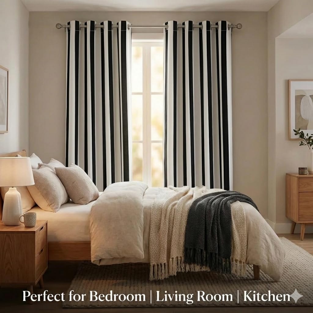 Cotton Curtains Long Durable Grommet with 2 panels 84 LengthX50 Width Inches Black/White|Sheer Backdrop Window Curtain|Livingroom|Bedroom|Kitchen Decor Soft Pre-Washed Semi Black-out| Shading Drapes
