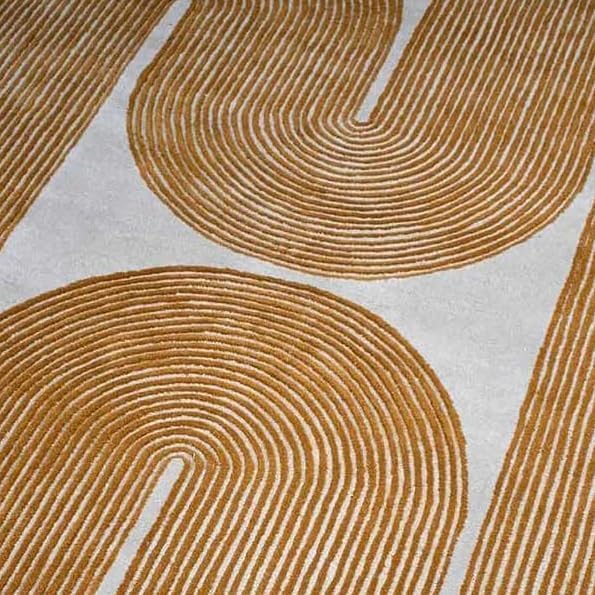 Modern Handmade Wool Area Rug, Abstract Curved Line Geometric Carpet for Living Room Bedroom, Contemporary Tufted Indoor Rug with Soft Pile and Cotton Backing (Gold, 5' x 8')