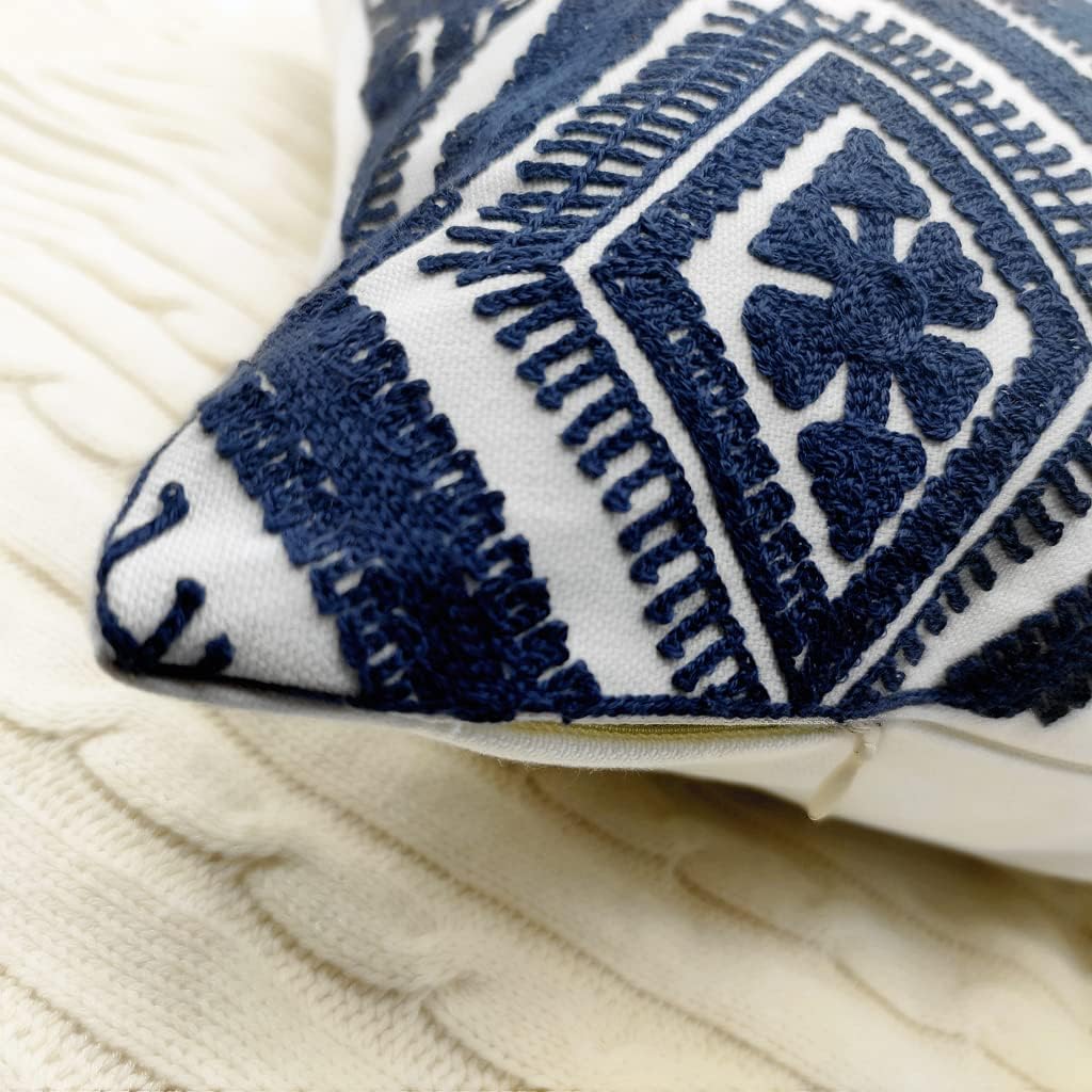Navy Blue Boho Geometric Pillow Covers 18x18", Set of 2 Embroidered Cotton Cushion Cases