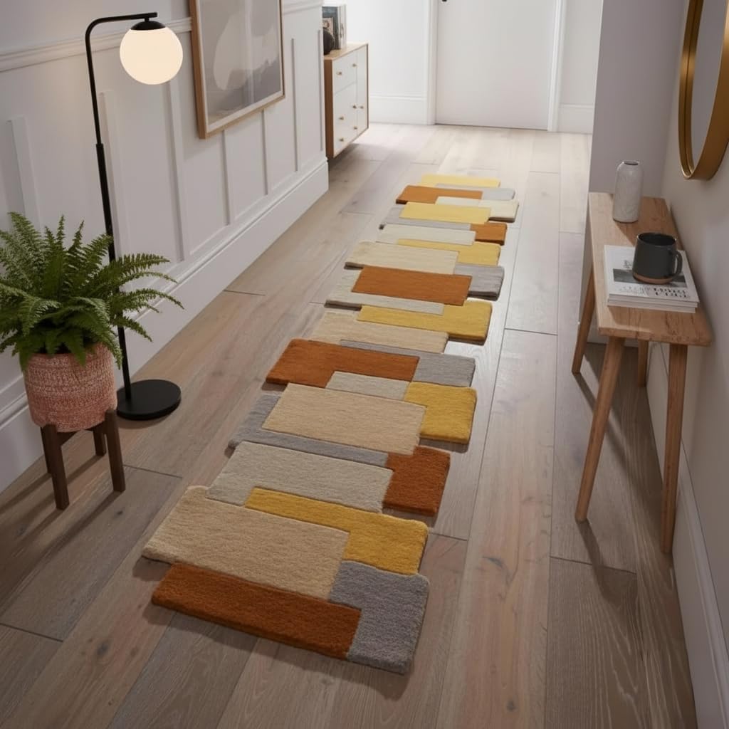Restoration and Renovation Multi-Color Wool Runner Rug 2.6' x 8' – Handmade, Irregular Block Pattern, Artistic Geometric Design Carpet for Living Room, Bedroom, Kitchen & Home Decor