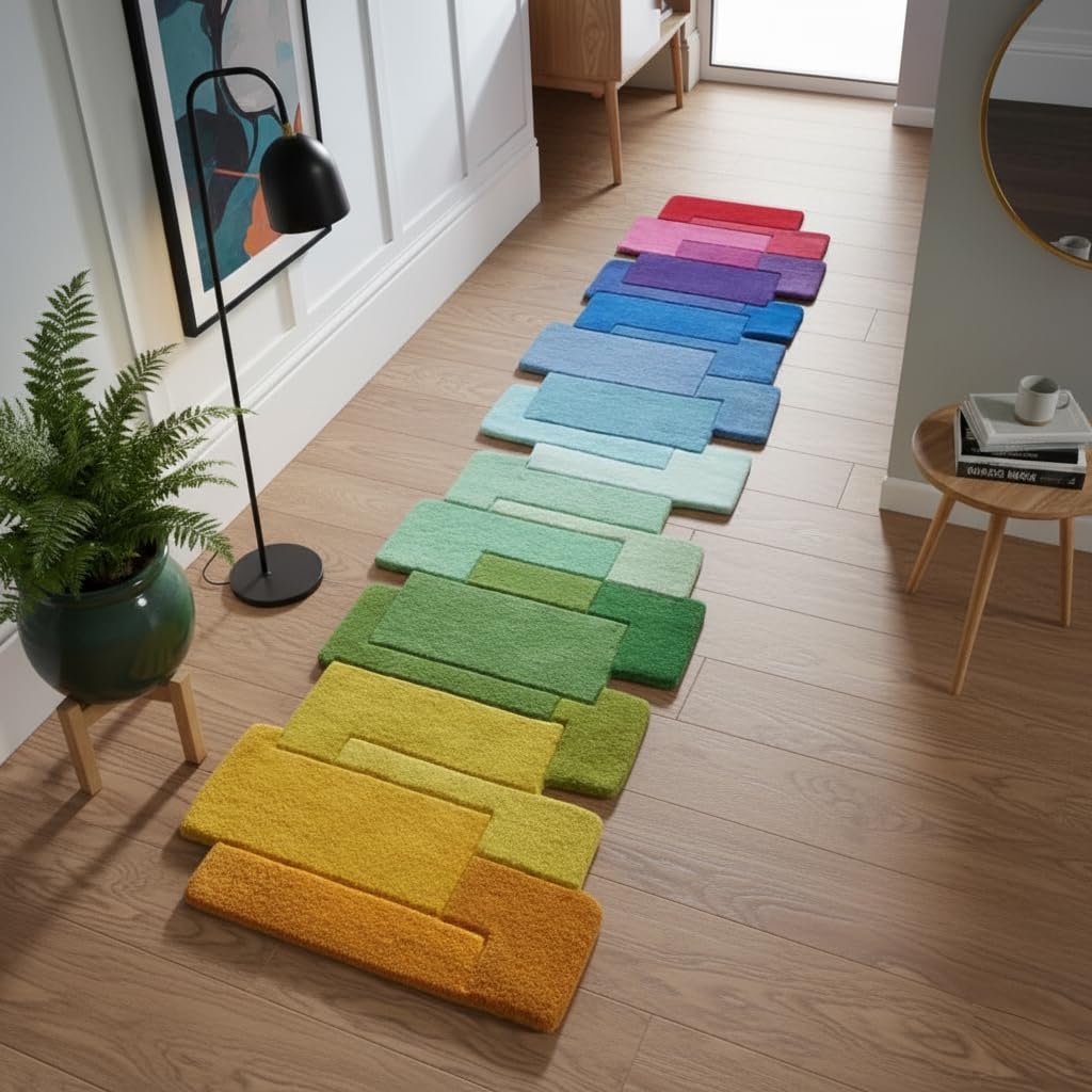 Restoration and Renovation Multi-Color Wool Runner Rug 2.6' x 8' – Handmade, Irregular Block Pattern, Artistic Geometric Design Carpet for Living Room, Bedroom, Kitchen & Home Decor