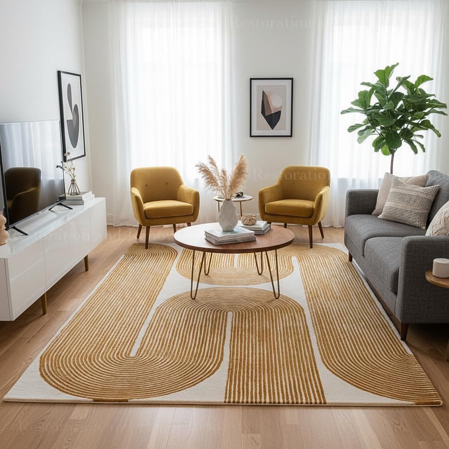 Modern Handmade Wool Area Rug, Abstract Curved Line Geometric Carpet for Living Room Bedroom, Contemporary Tufted Indoor Rug with Soft Pile and Cotton Backing (Gold, 5' x 8')