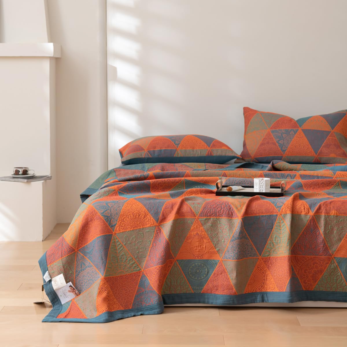 King Size 100% Cotton Floral Ginkgo Jacquard Quilt, 3-Layer Reversible Lightweight Bedspread 98"x94"
