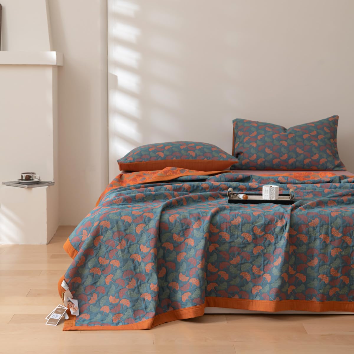 King Size 100% Cotton Floral Ginkgo Jacquard Quilt, 3-Layer Reversible Lightweight Bedspread 98"x94"