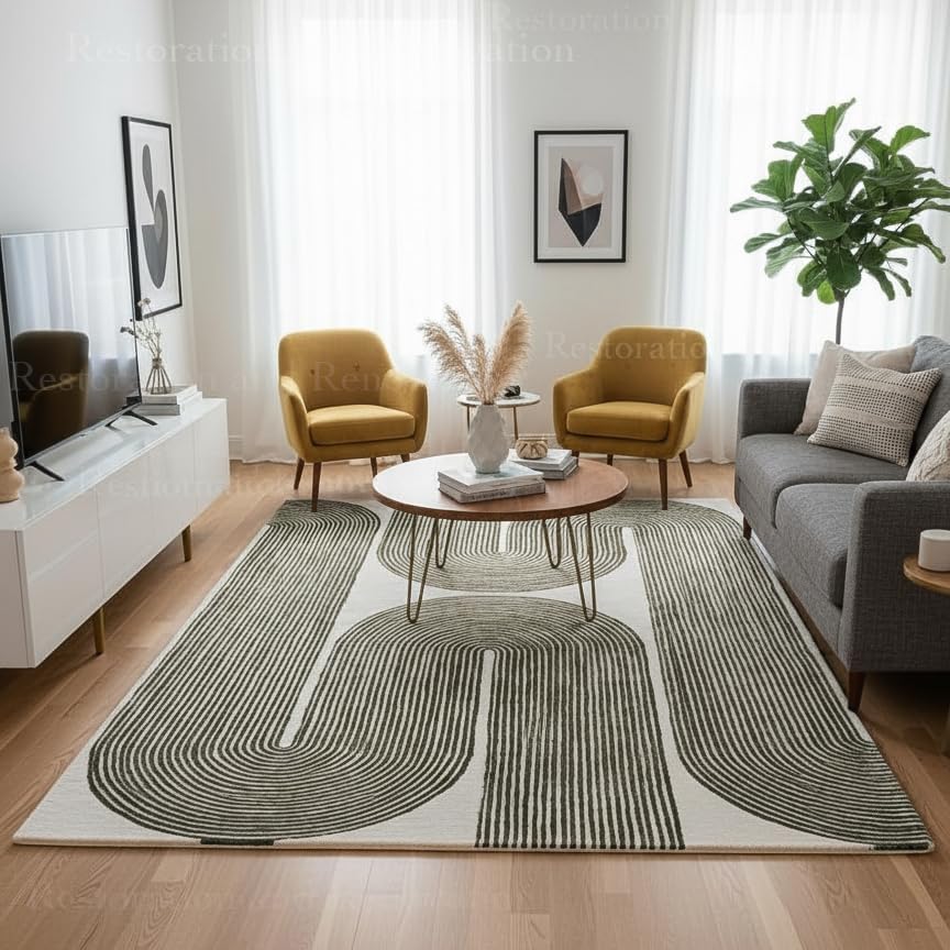 Modern Handmade Wool Area Rug, Abstract Curved Line Geometric Carpet for Living Room Bedroom, Contemporary Tufted Indoor Rug with Soft Pile and Cotton Backing (Gold, 5' x 8')