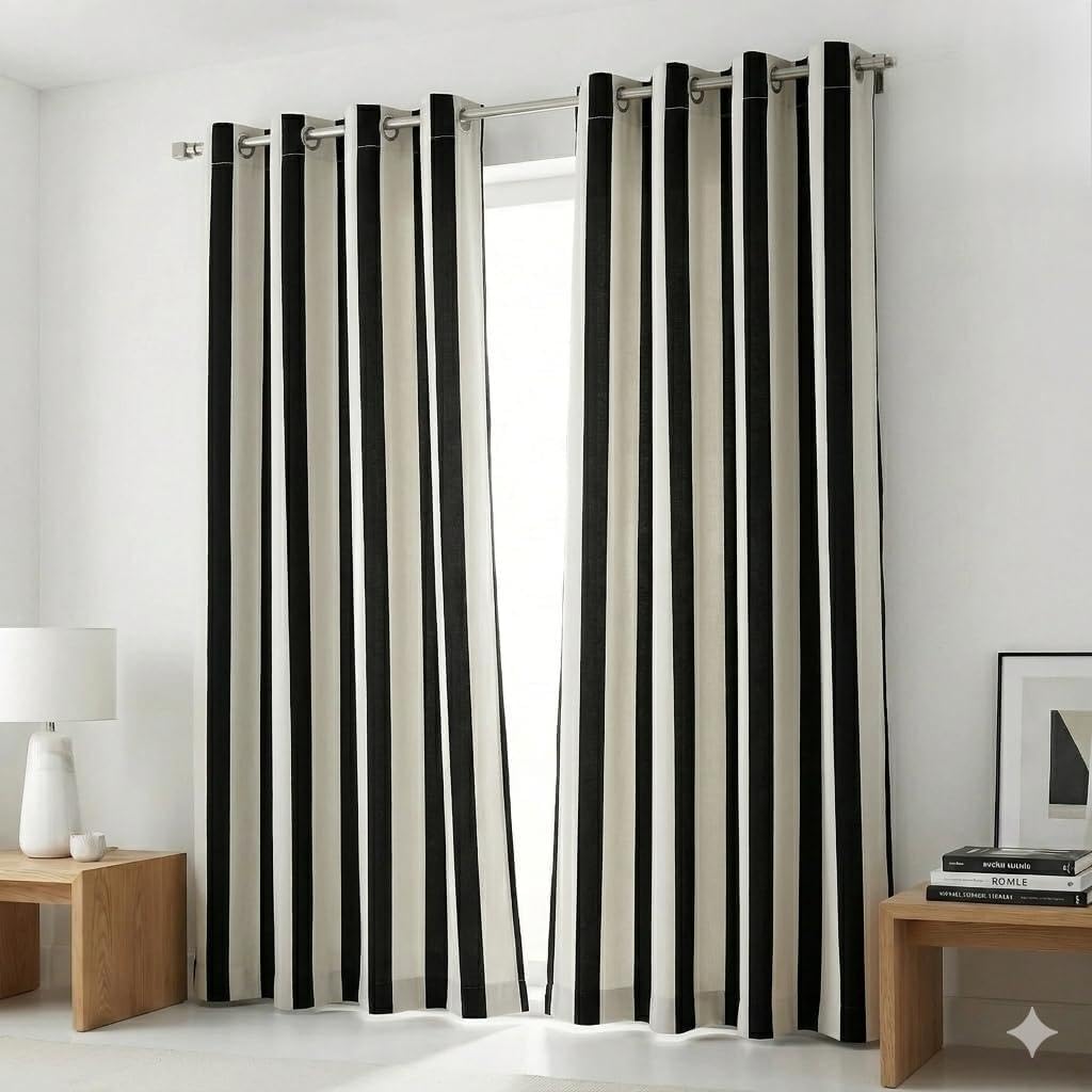 Cotton Curtains Long Durable Grommet with 2 panels 84 LengthX50 Width Inches Black/White|Sheer Backdrop Window Curtain|Livingroom|Bedroom|Kitchen Decor Soft Pre-Washed Semi Black-out| Shading Drapes