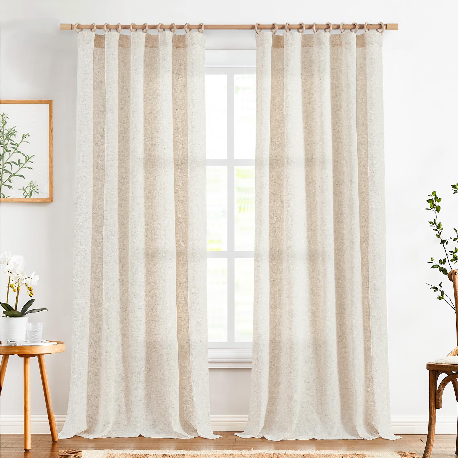 Linen Curtains for Living Room Bedroom 84 Inches Long Thick Linen Textured Beige Curtains Light Filtering Natural Semi Sheer Farmhouse Window Drapes, Country Rustic Drapes 2 Panels Back Tab/Rod Pocket