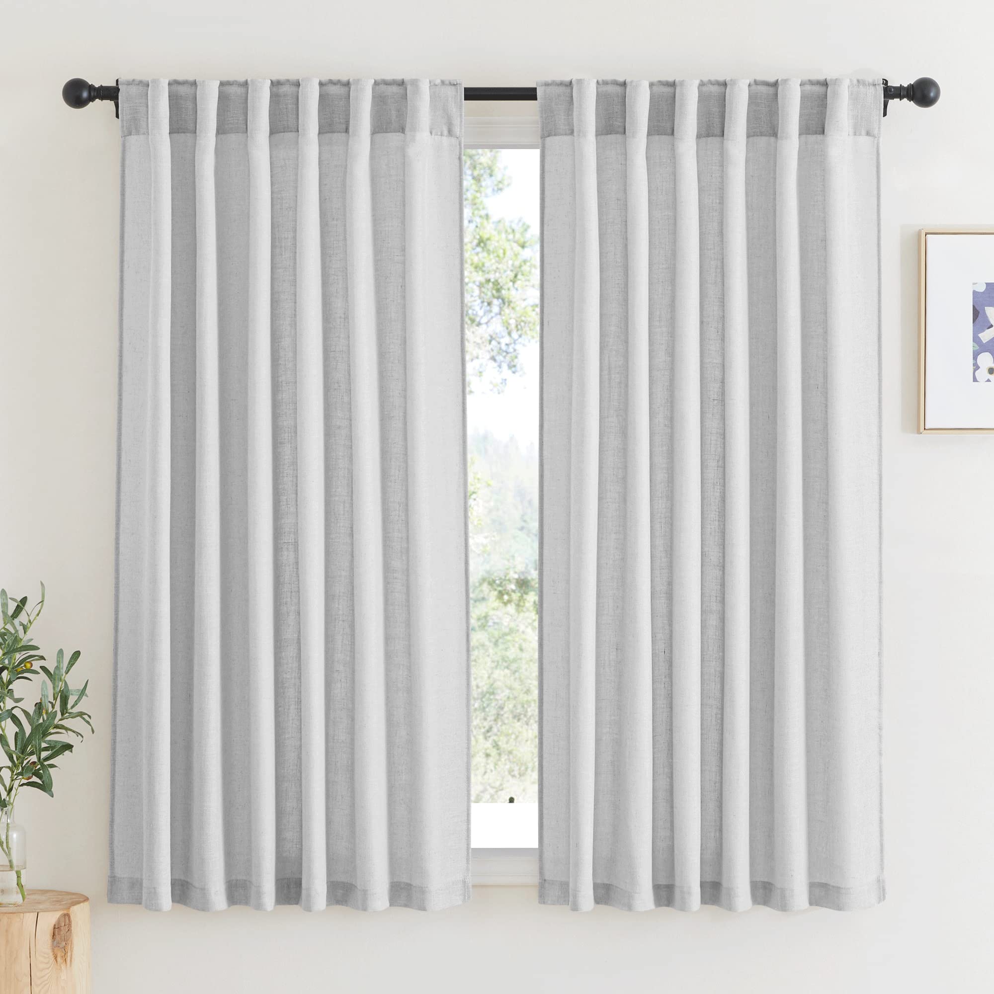 RYB HOME Semi Sheer Curtains - Linen Blend Privacy Curtains Sheer Window Treatment Drapes Farmhouse Decor for Bedroom Living Room Sliding Glass Door, 52 inch Wide x 95 inch Long 2 Panels, Linen