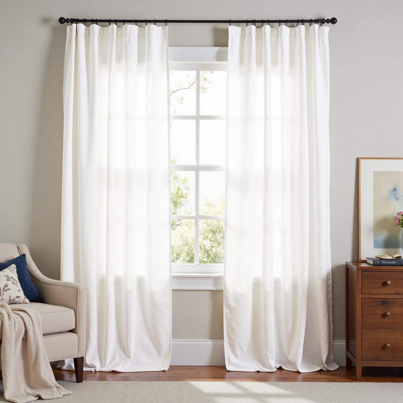 Linen Curtains for Living Room Bedroom 84 Inches Long Thick Linen Textured Beige Curtains Light Filtering Natural Semi Sheer Farmhouse Window Drapes, Country Rustic Drapes 2 Panels Back Tab/Rod Pocket