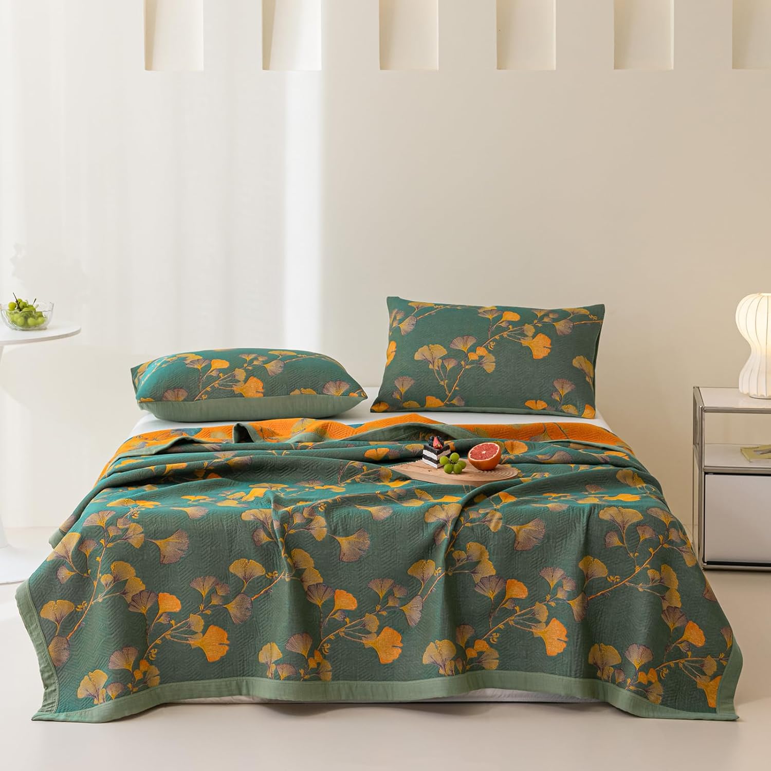 King Size 100% Cotton Floral Ginkgo Jacquard Quilt, 3-Layer Reversible Lightweight Bedspread 98"x94"