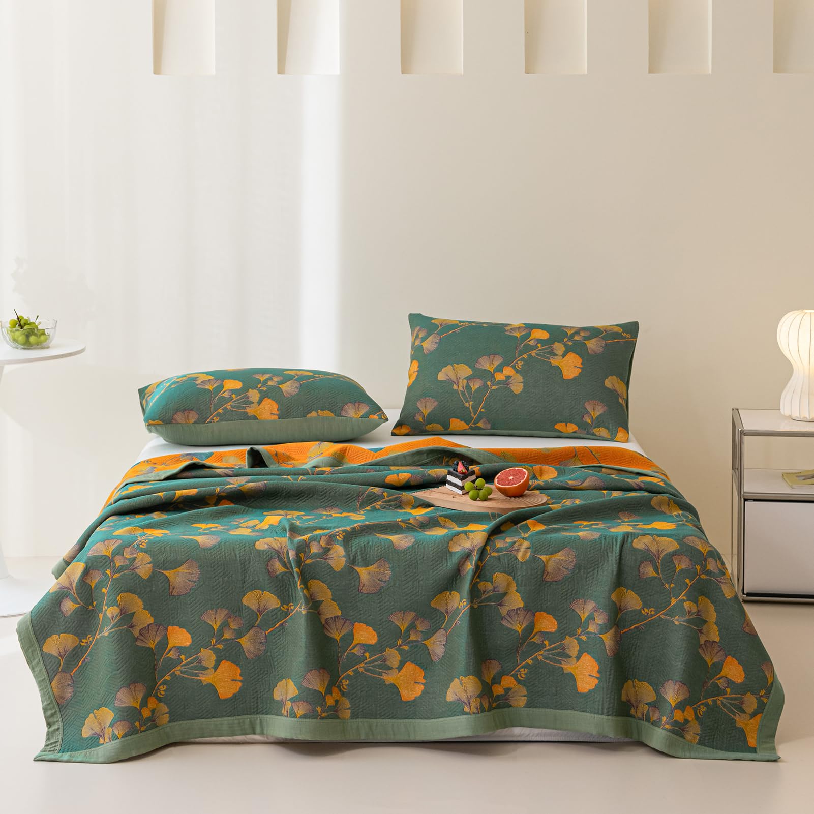 King Size 100% Cotton Floral Ginkgo Jacquard Quilt, 3-Layer Reversible Lightweight Bedspread 98"x94"