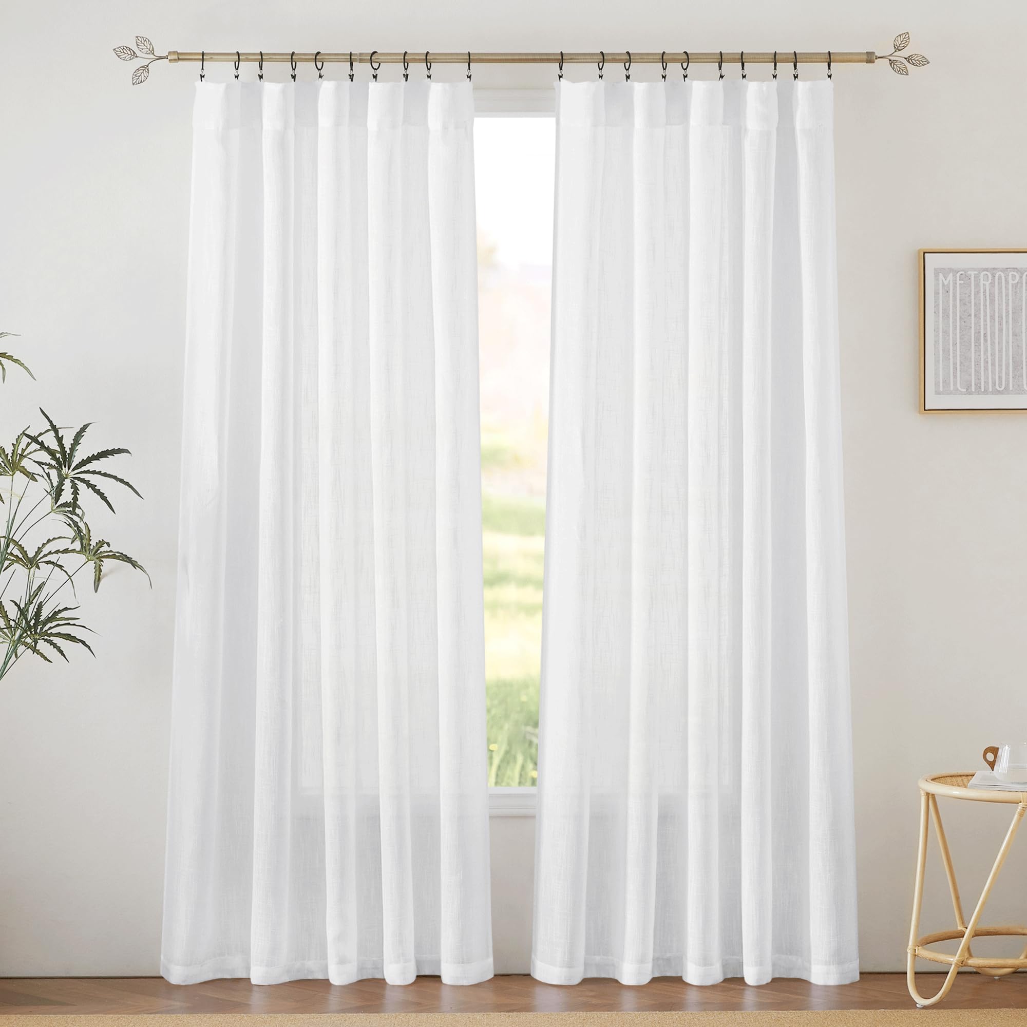 RYB HOME Semi Sheer Curtains - Linen Blend Privacy Curtains Sheer Window Treatment Drapes Farmhouse Decor for Bedroom Living Room Sliding Glass Door, 52 inch Wide x 95 inch Long 2 Panels, Linen