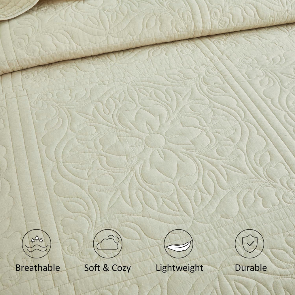 WINLIFE 100% Cotton Quilt Set Full/Queen 90x98 Inch Beige Summer Bedspread Super Soft Lightweight Matelasse Embroidery Floral Coverlets for All Season, 3 Piece (1 Quilt, 2 Pillow Shams)