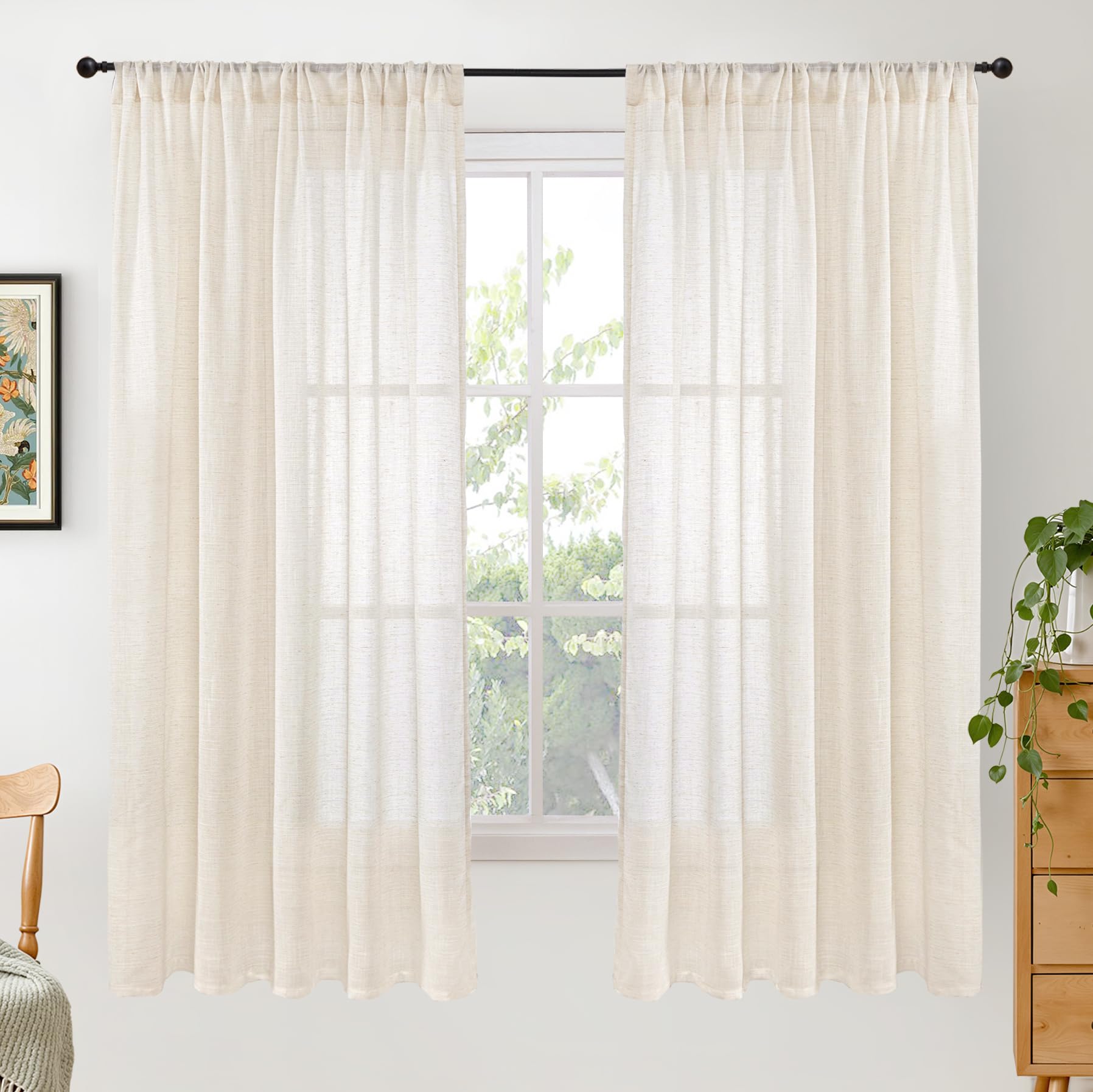 BGment 80 Inches Long Natural Linen Curtains 2 Panels Set - Burlap Light Filtering Window Drapes with Rod Pocket Semi Sheer for Farmhouse Bedroom Decor Rustic, 52 Inch Wide Each Panel