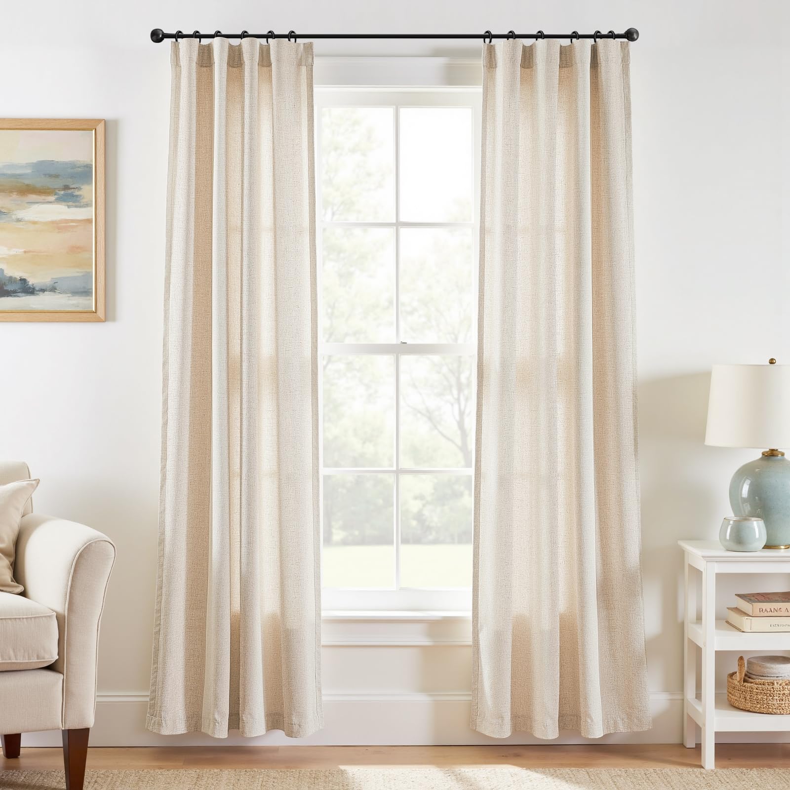 Linen Curtains for Living Room Bedroom 84 Inches Long Thick Linen Textured Beige Curtains Light Filtering Natural Semi Sheer Farmhouse Window Drapes, Country Rustic Drapes 2 Panels Back Tab/Rod Pocket