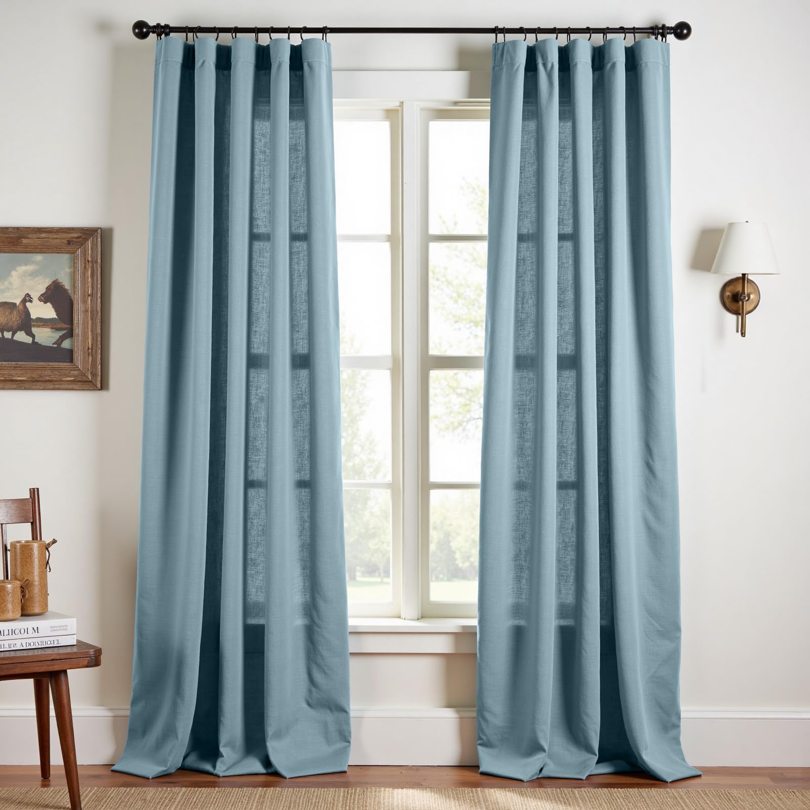 Linen Curtains for Living Room Bedroom 84 Inches Long Thick Linen Textured Beige Curtains Light Filtering Natural Semi Sheer Farmhouse Window Drapes, Country Rustic Drapes 2 Panels Back Tab/Rod Pocket