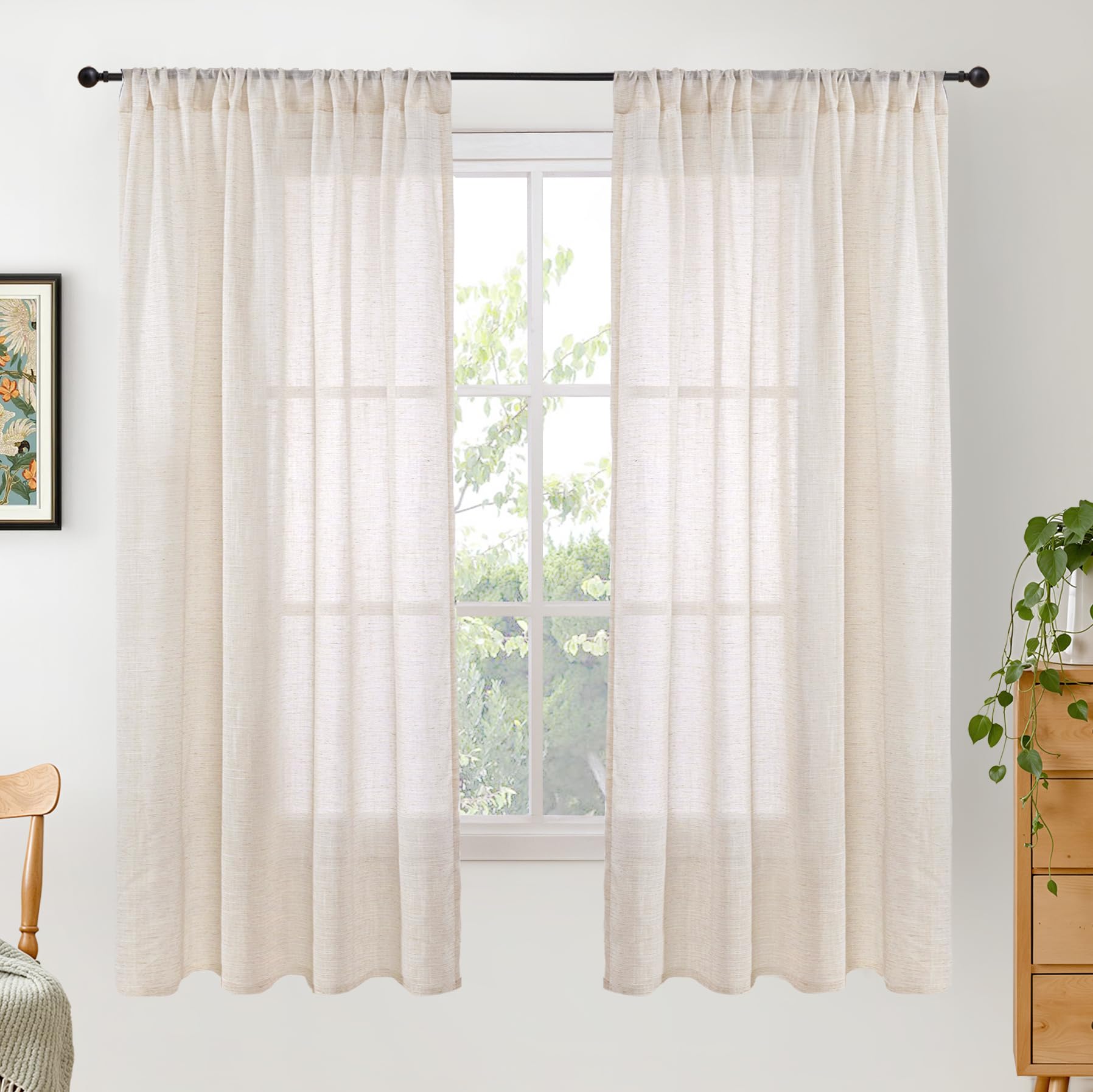 BGment 80 Inches Long Natural Linen Curtains 2 Panels Set - Burlap Light Filtering Window Drapes with Rod Pocket Semi Sheer for Farmhouse Bedroom Decor Rustic, 52 Inch Wide Each Panel