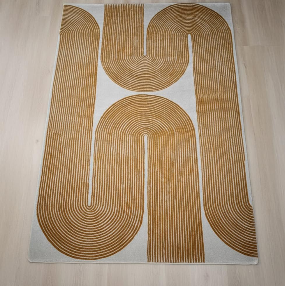 Modern Handmade Wool Area Rug, Abstract Curved Line Geometric Carpet for Living Room Bedroom, Contemporary Tufted Indoor Rug with Soft Pile and Cotton Backing (Gold, 5' x 8')