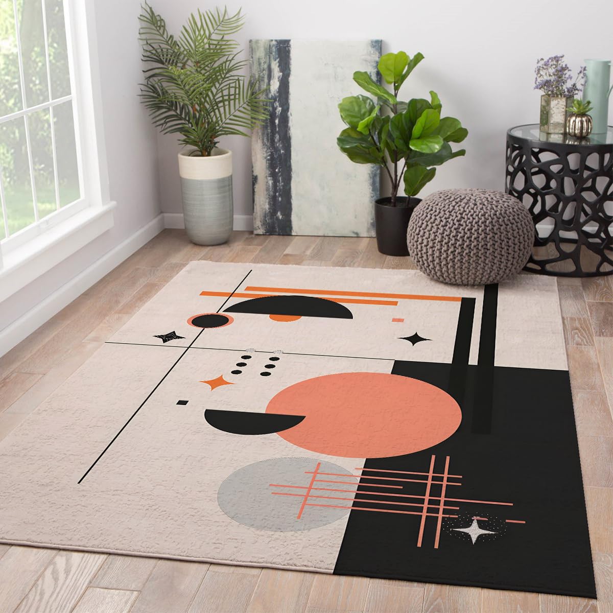 Modern Abstract 6x8ft Area Rugs Boho Area Rug Geometric Pattern Non Slip Rug Nordic Washable Foldable Rugs Low Pile Lightweight Floor Carpet for Living Room Bedroom Nursery Classroom