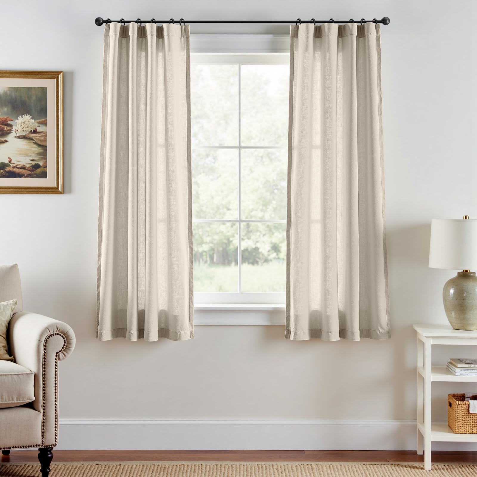 Linen Curtains for Living Room Bedroom 84 Inches Long Thick Linen Textured Beige Curtains Light Filtering Natural Semi Sheer Farmhouse Window Drapes, Country Rustic Drapes 2 Panels Back Tab/Rod Pocket