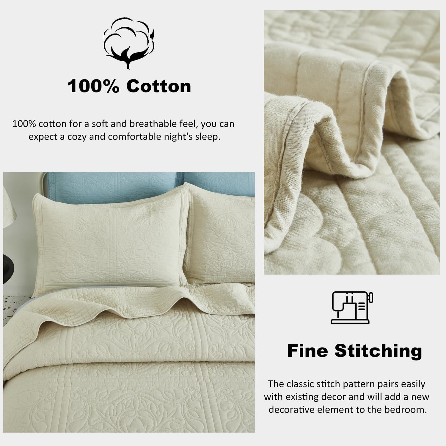 WINLIFE 100% Cotton Quilt Set Full/Queen 90x98 Inch Beige Summer Bedspread Super Soft Lightweight Matelasse Embroidery Floral Coverlets for All Season, 3 Piece (1 Quilt, 2 Pillow Shams)