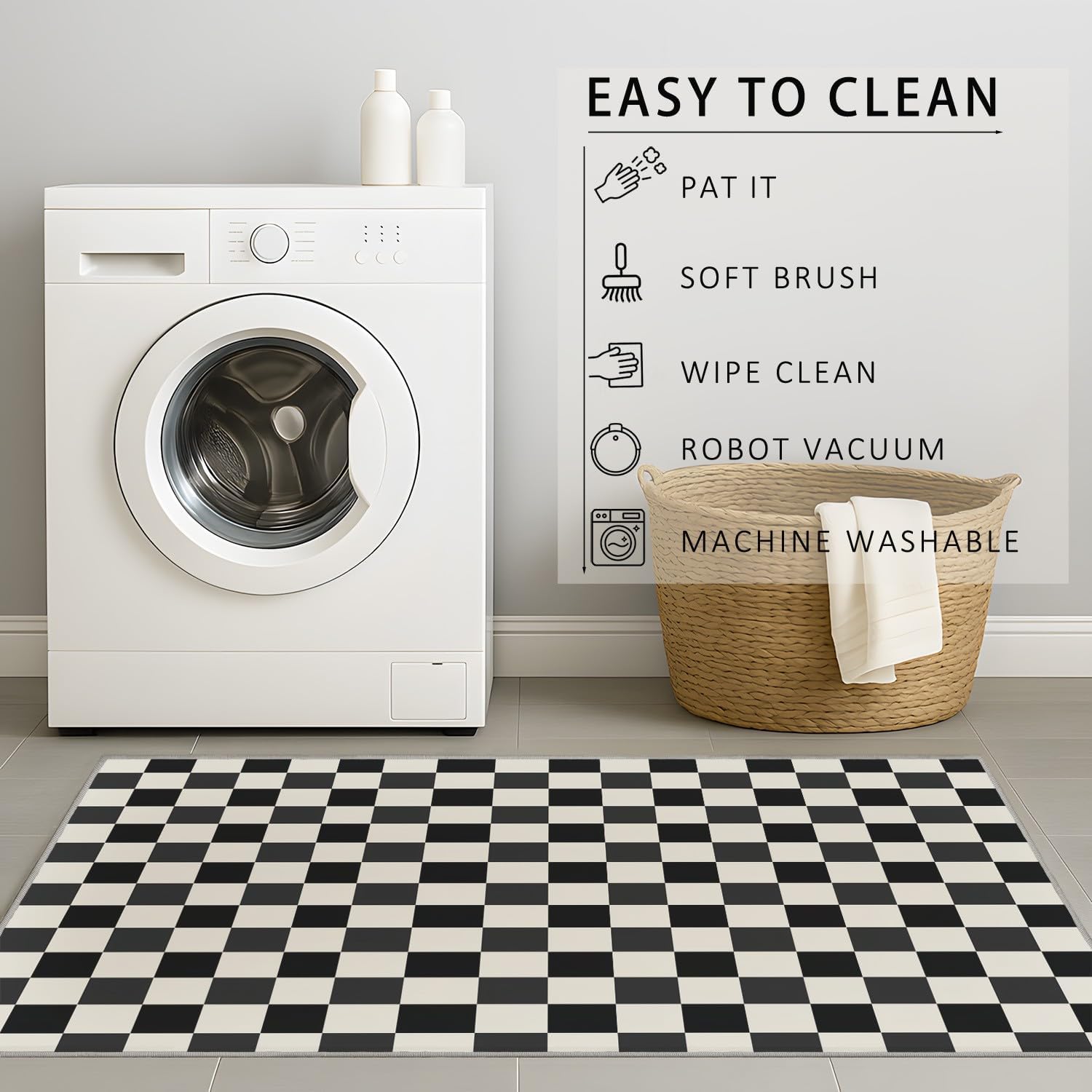 Nordic Black White Checkered Rug 4×6ft, Foldable Washable Indoor Floor Mat