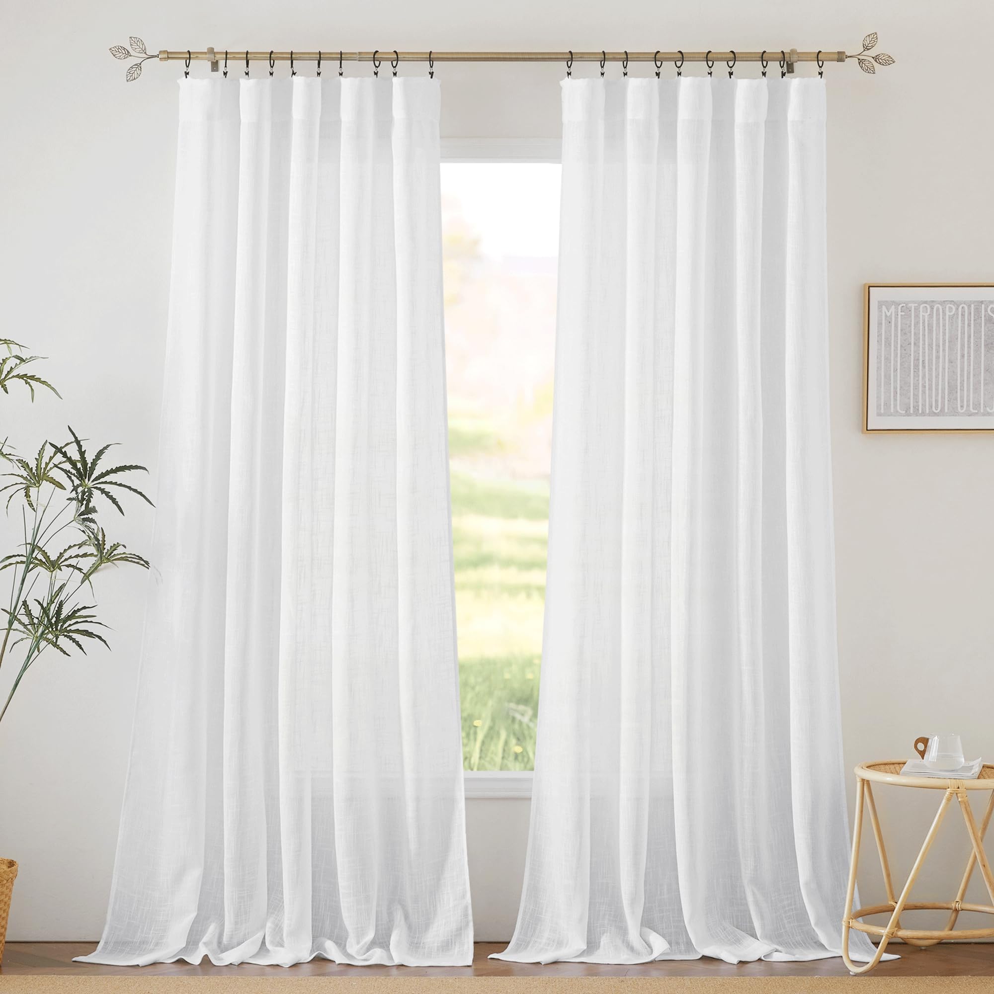 RYB HOME Semi Sheer Curtains - Linen Blend Privacy Curtains Sheer Window Treatment Drapes Farmhouse Decor for Bedroom Living Room Sliding Glass Door, 52 inch Wide x 95 inch Long 2 Panels, Linen