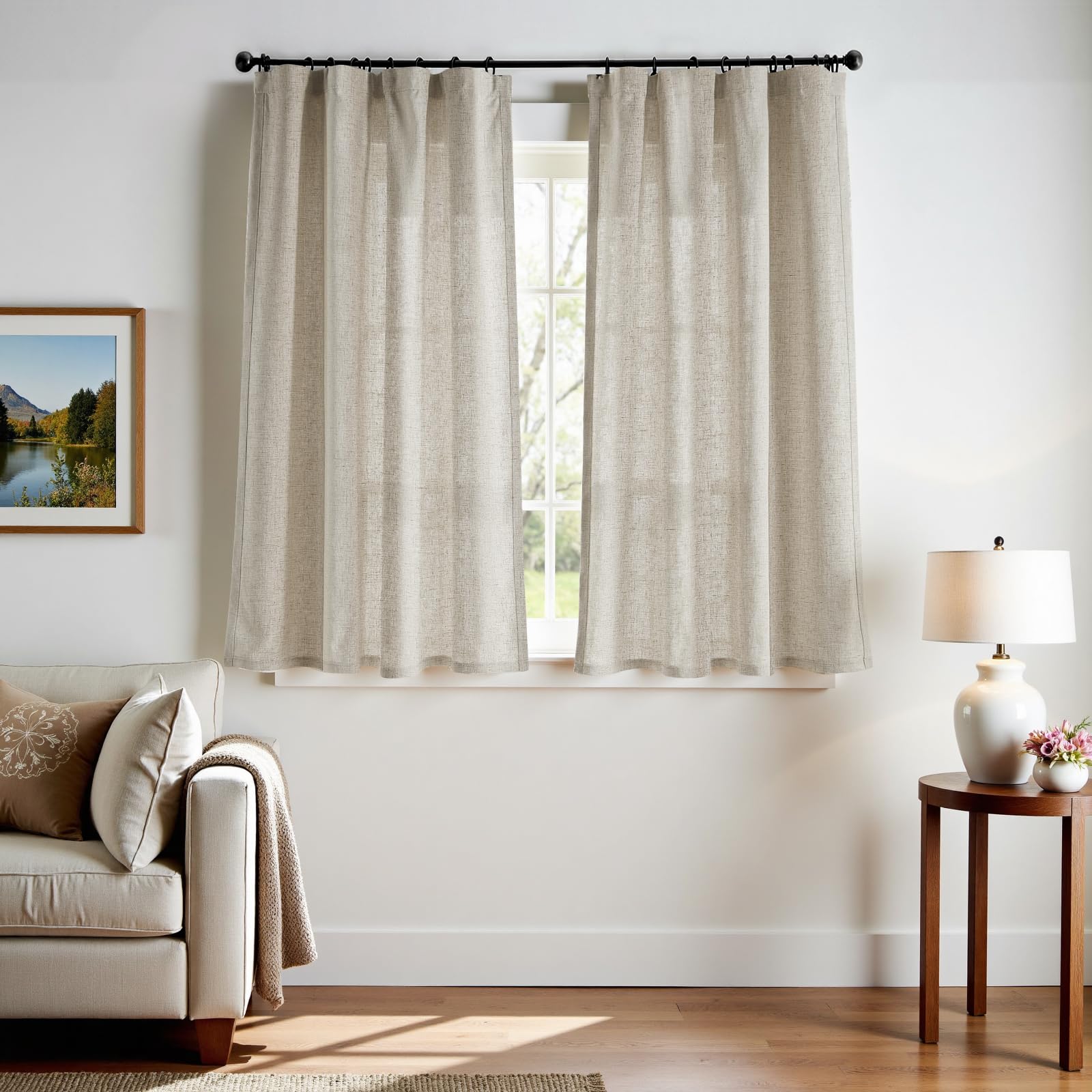 Linen Curtains for Living Room Bedroom 84 Inches Long Thick Linen Textured Beige Curtains Light Filtering Natural Semi Sheer Farmhouse Window Drapes, Country Rustic Drapes 2 Panels Back Tab/Rod Pocket