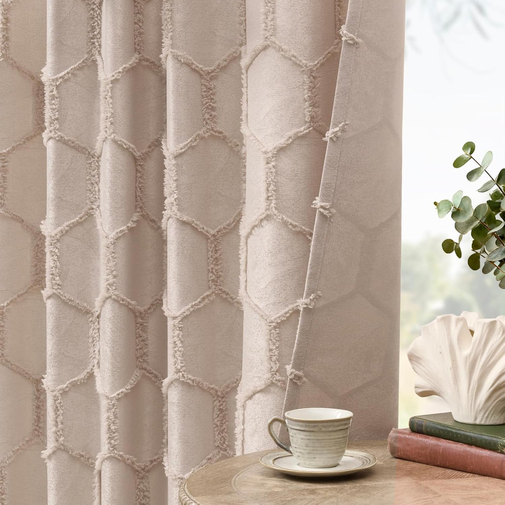 Taupe Geometric Curtains 84 Inches Long 2 Panels Jacquard Fluffy Hexagon Tufted Curtains Rod Pocket Back Tab Light Filtering Semi Sheer Privacy Decor Lattice Drapes for Bedroom Living Room, 52x84