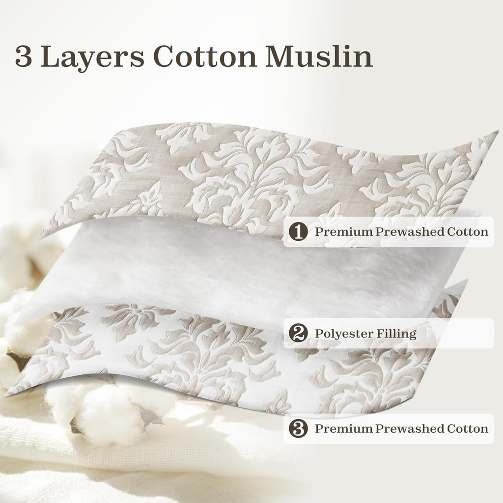 Exclusivo Mezcla Cotton Quilts Queen Size Beige, Soft Lightweight Bedspread Breathable Prewashed Bed Coverlet with 2 Pillow Shams, Boho Pattern Yarn Dyed Muslin Quilt Bedding Set for All Seasons