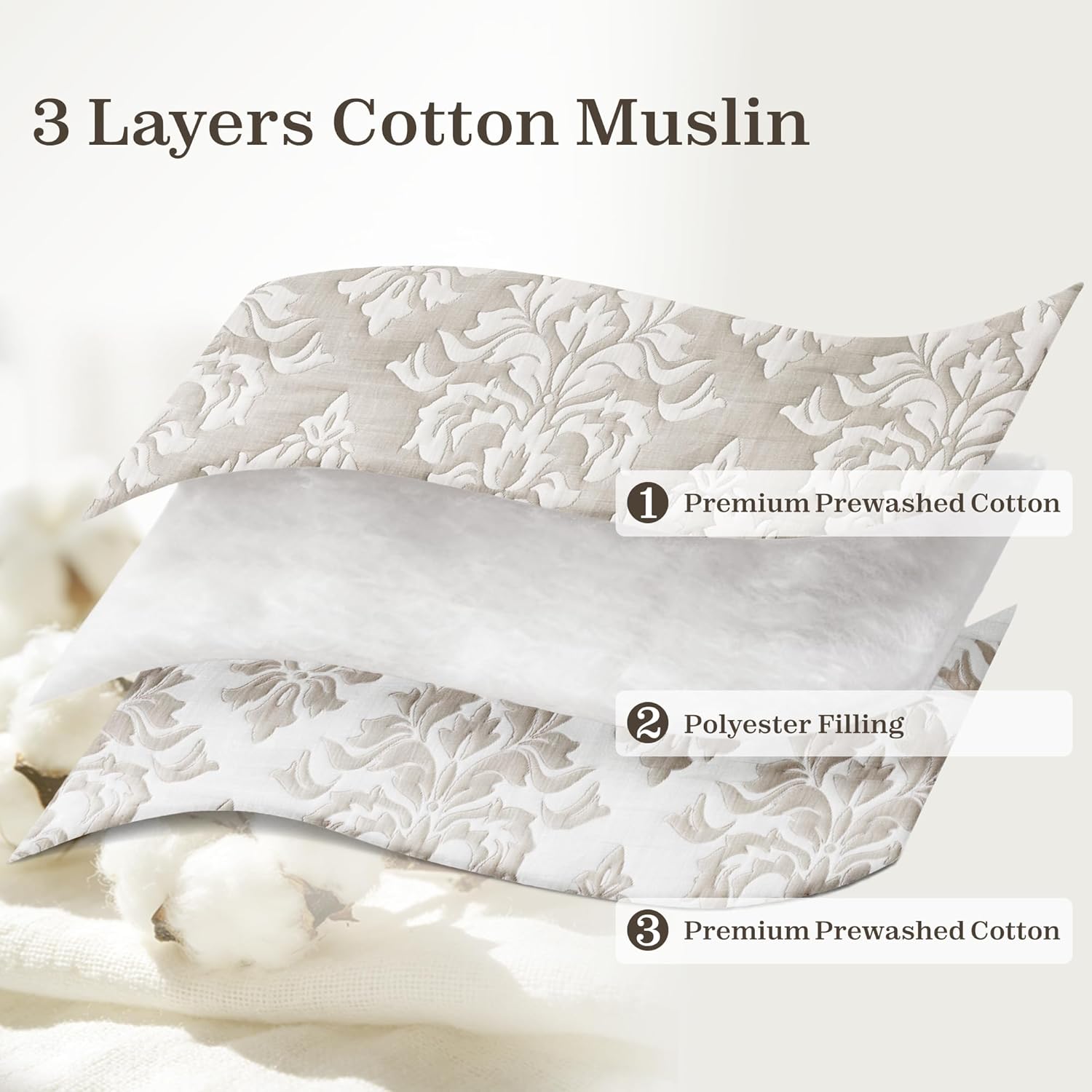 Exclusivo Mezcla Cotton Quilts Queen Size Beige, Soft Lightweight Bedspread Breathable Prewashed Bed Coverlet with 2 Pillow Shams, Boho Pattern Yarn Dyed Muslin Quilt Bedding Set for All Seasons