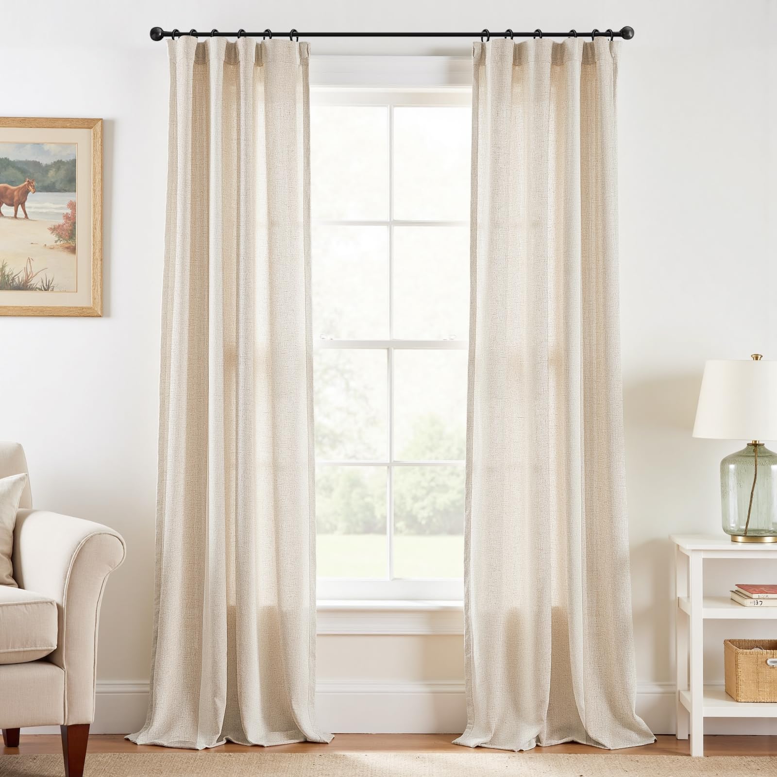 Linen Curtains for Living Room Bedroom 84 Inches Long Thick Linen Textured Beige Curtains Light Filtering Natural Semi Sheer Farmhouse Window Drapes, Country Rustic Drapes 2 Panels Back Tab/Rod Pocket