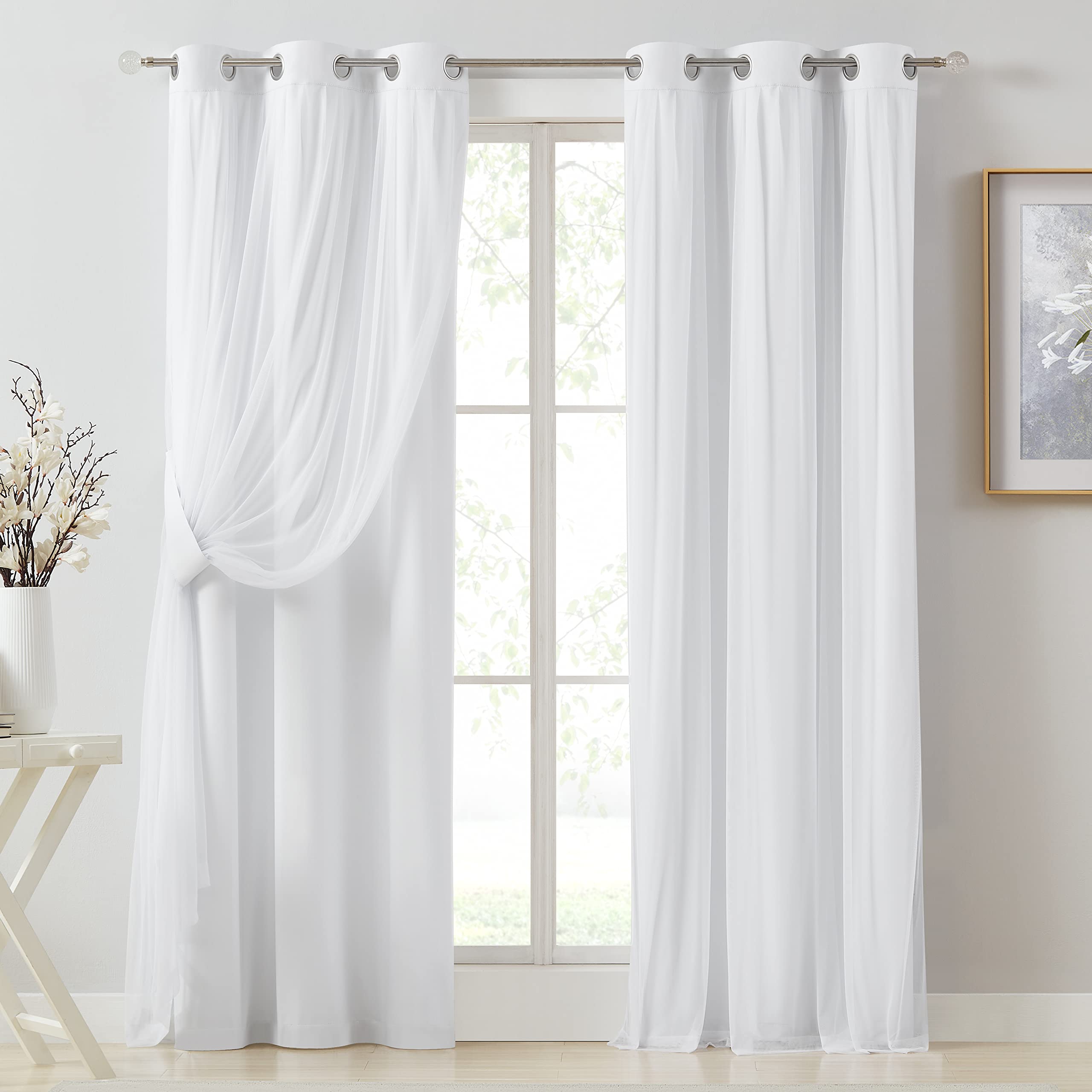 Bujasso Beige 90% Blackout Curtains with Sheer Overlay Mix and Match Double Layer Thermal Insulated Window Panels 84 inch for Living Room Bedroom Beige Drapes with Tiebacks Grommet Top 37" Wx84 Lx2