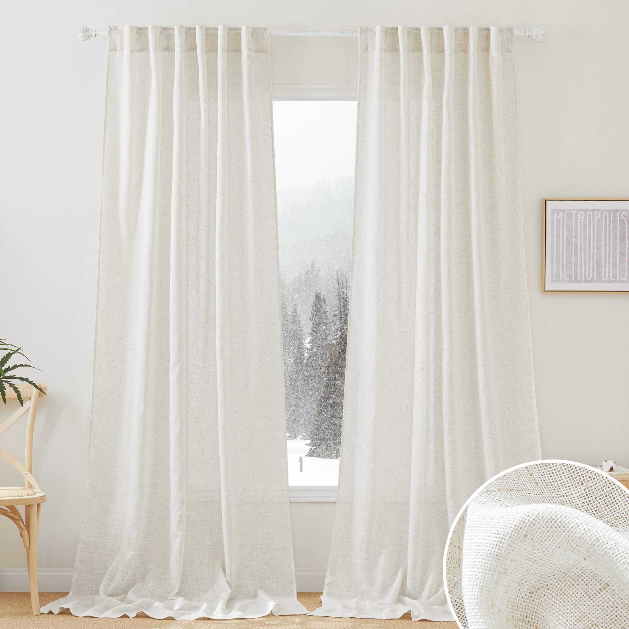 RYB HOME Semi Sheer Curtains - Linen Blend Privacy Curtains Sheer Window Treatment Drapes Farmhouse Decor for Bedroom Living Room Sliding Glass Door, 52 inch Wide x 95 inch Long 2 Panels, Linen