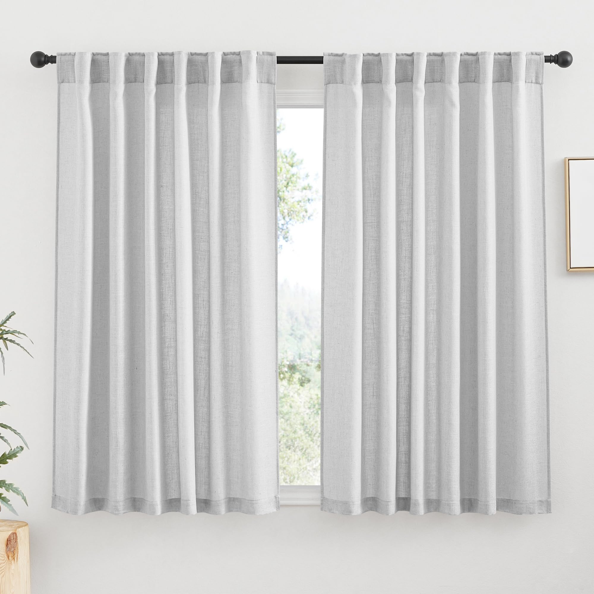 RYB HOME Semi Sheer Curtains - Linen Blend Privacy Curtains Sheer Window Treatment Drapes Farmhouse Decor for Bedroom Living Room Sliding Glass Door, 52 inch Wide x 95 inch Long 2 Panels, Linen