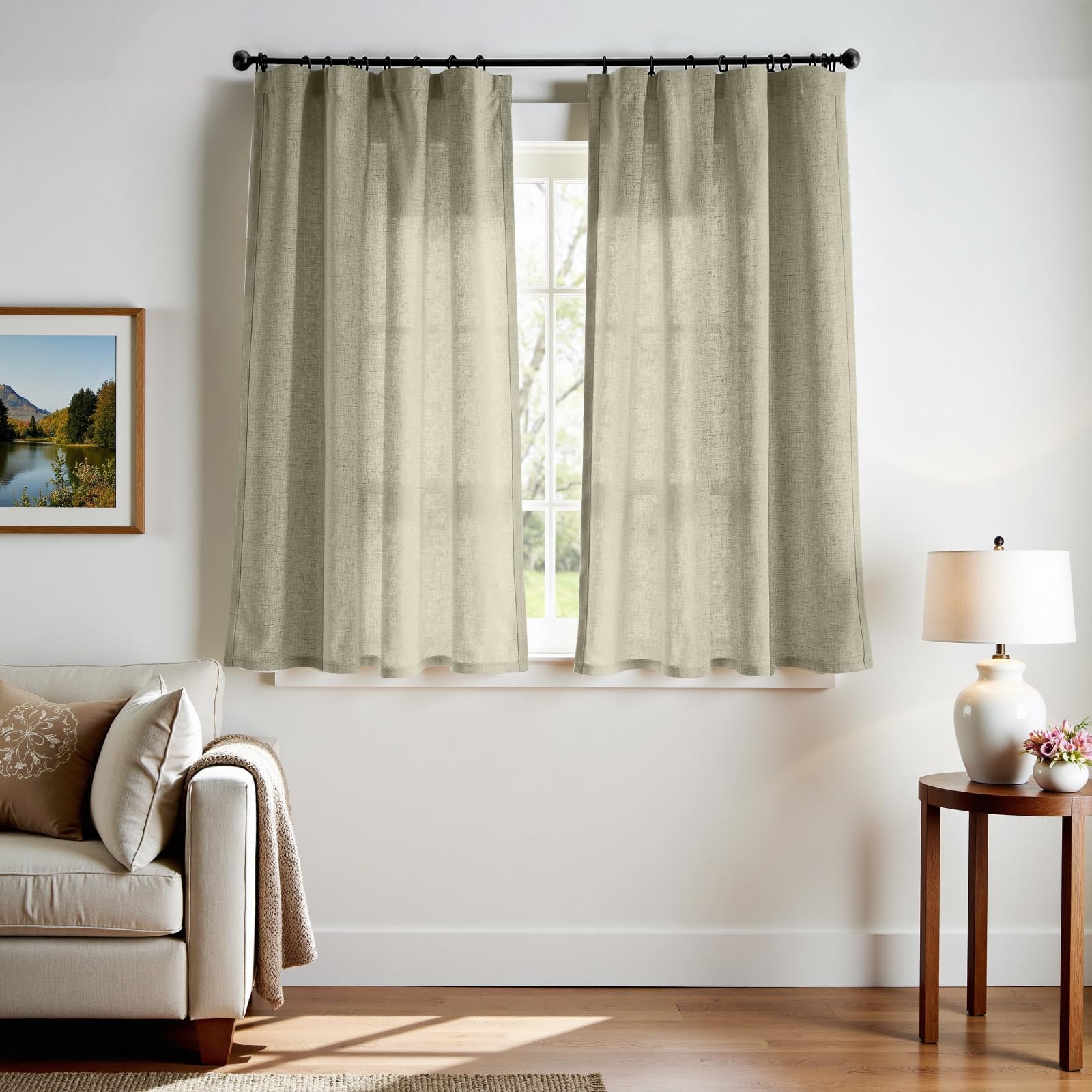 Linen Curtains for Living Room Bedroom 84 Inches Long Thick Linen Textured Beige Curtains Light Filtering Natural Semi Sheer Farmhouse Window Drapes, Country Rustic Drapes 2 Panels Back Tab/Rod Pocket