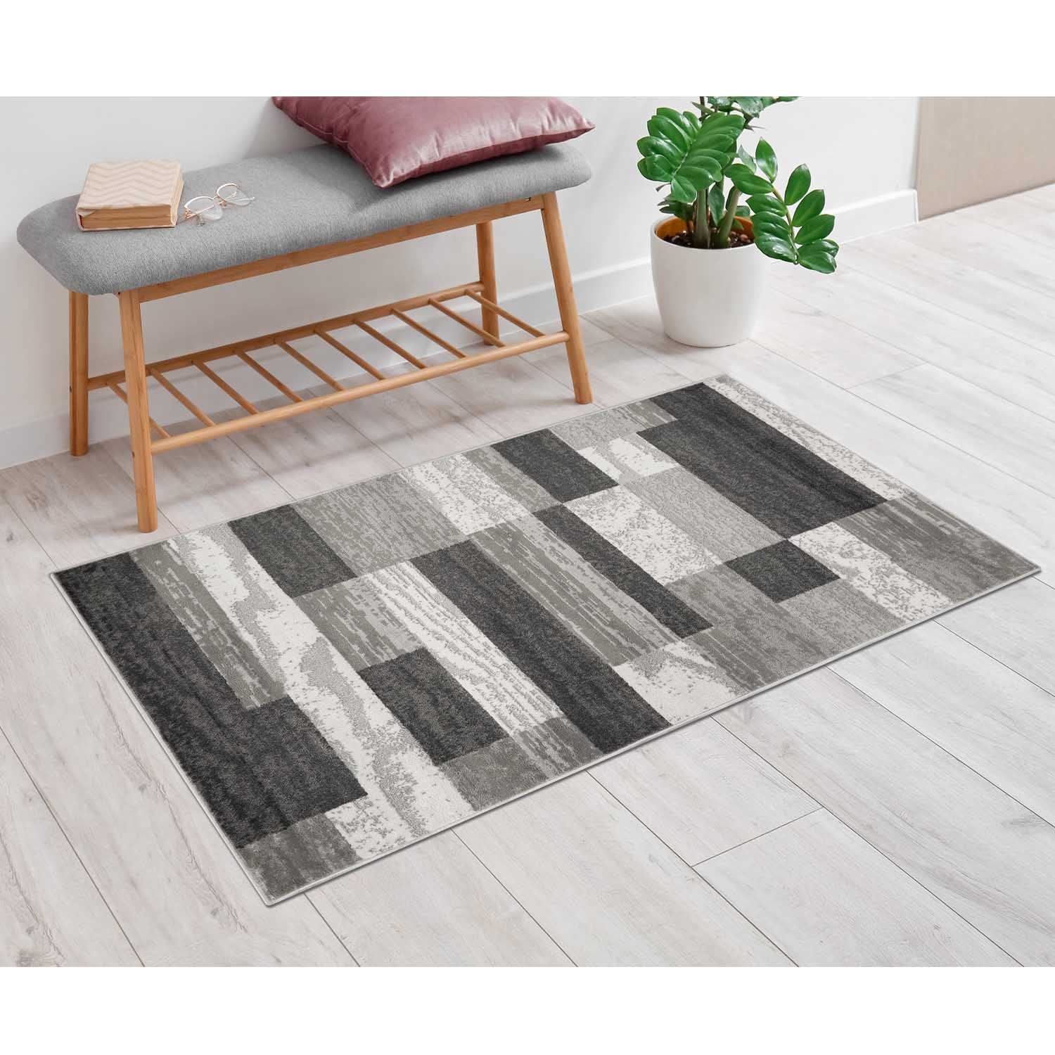 SUPERIOR Indoor Area Rug, Jute Backed, Modern Geometric Patchwork Floor Decor for Bedroom, Office, Living Room, Entryway, Hardwood Floors, Rockwood Collection, 4' x 6', Chocolate