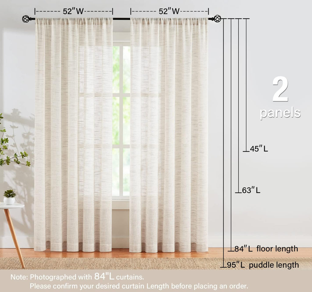 Semi Sheer Curtains for Living Room 95 inch Length Natural Linen Semi Sheer Curtain Drapes for Bedroom Light Filtering Farmhouse Country Rustic Window Curtains 52"w 2 Panels Rod Pocket Beige