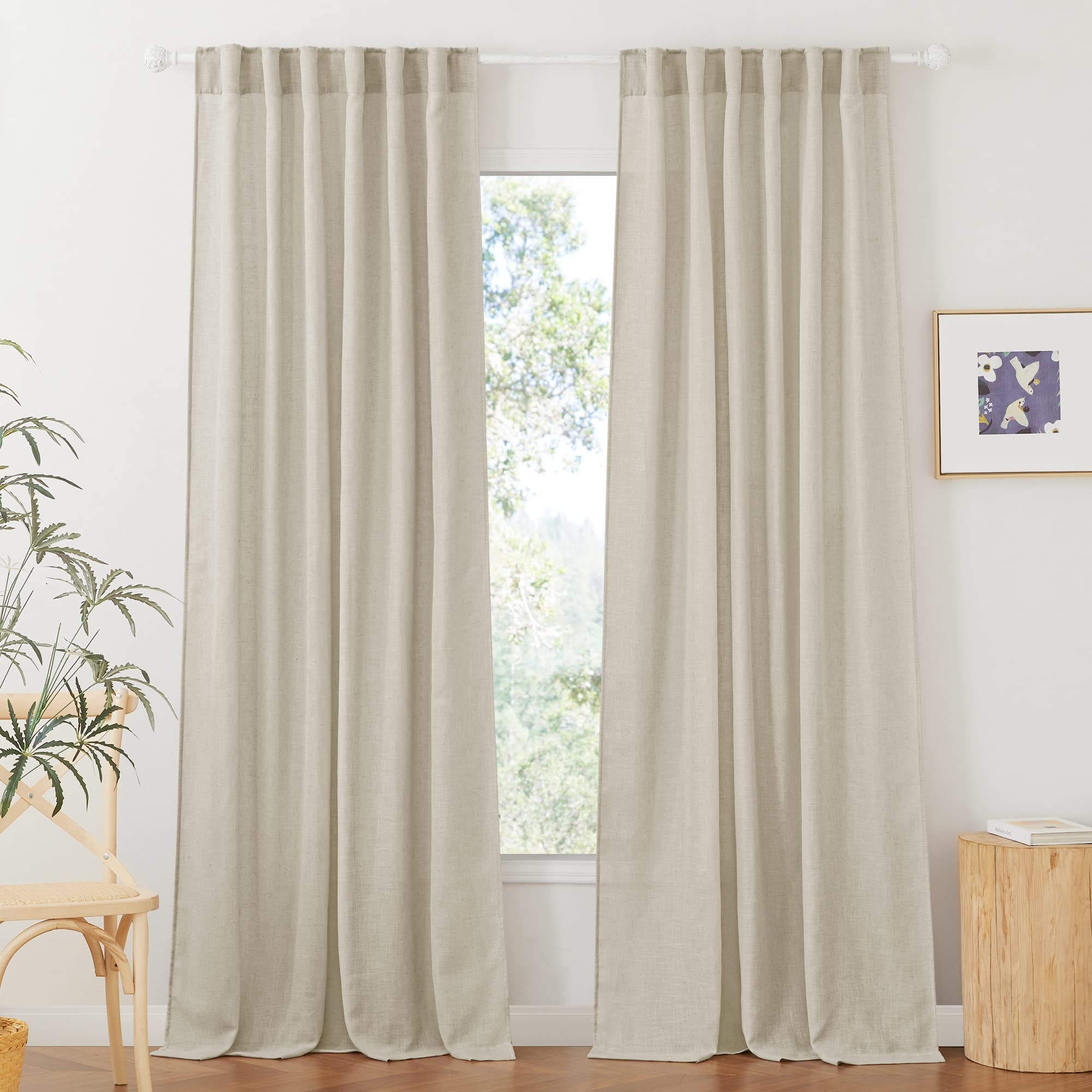 RYB HOME Semi Sheer Curtains - Linen Blend Privacy Curtains Sheer Window Treatment Drapes Farmhouse Decor for Bedroom Living Room Sliding Glass Door, 52 inch Wide x 95 inch Long 2 Panels, Linen