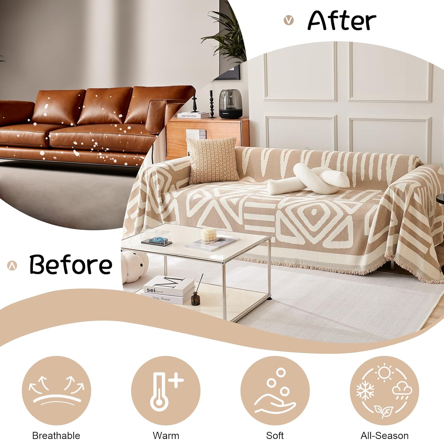 VClife Boho Couch Cover, Washable Sofa Cover for Dog, Non Slip Couch Covers for 3-4 Cushion Couch, Modern Khaki Creamy White Geometric Sofa Slipcovers Multi-functional Furniture Protector 71'' x 150''