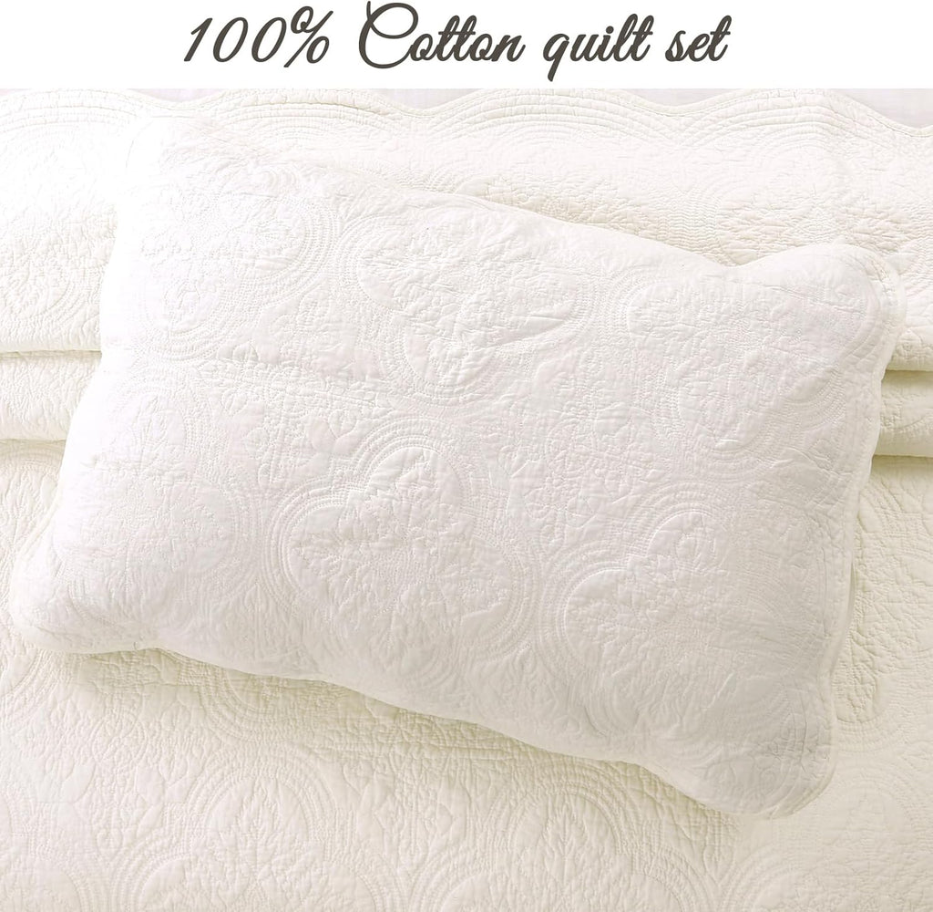 Cozy Line Home Fashions 100% Cotton Medallion Off White Matelasse Embossed Bedding Quilt Set, Reversible Lightweight Bedspread, Coverlet for All Season (Blantyre - Ivory, Queen - 3 piece)