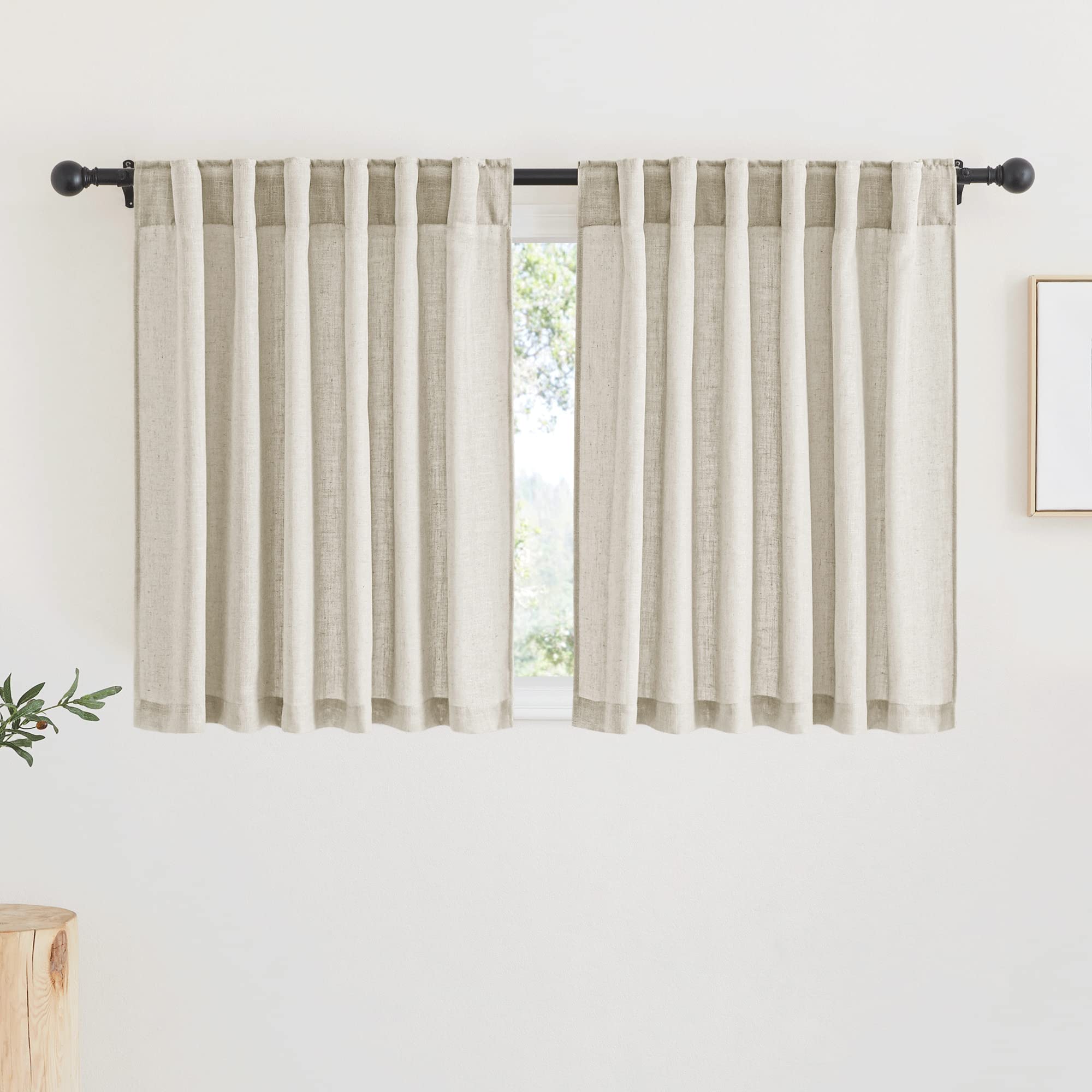 RYB HOME Semi Sheer Curtains - Linen Blend Privacy Curtains Sheer Window Treatment Drapes Farmhouse Decor for Bedroom Living Room Sliding Glass Door, 52 inch Wide x 95 inch Long 2 Panels, Linen