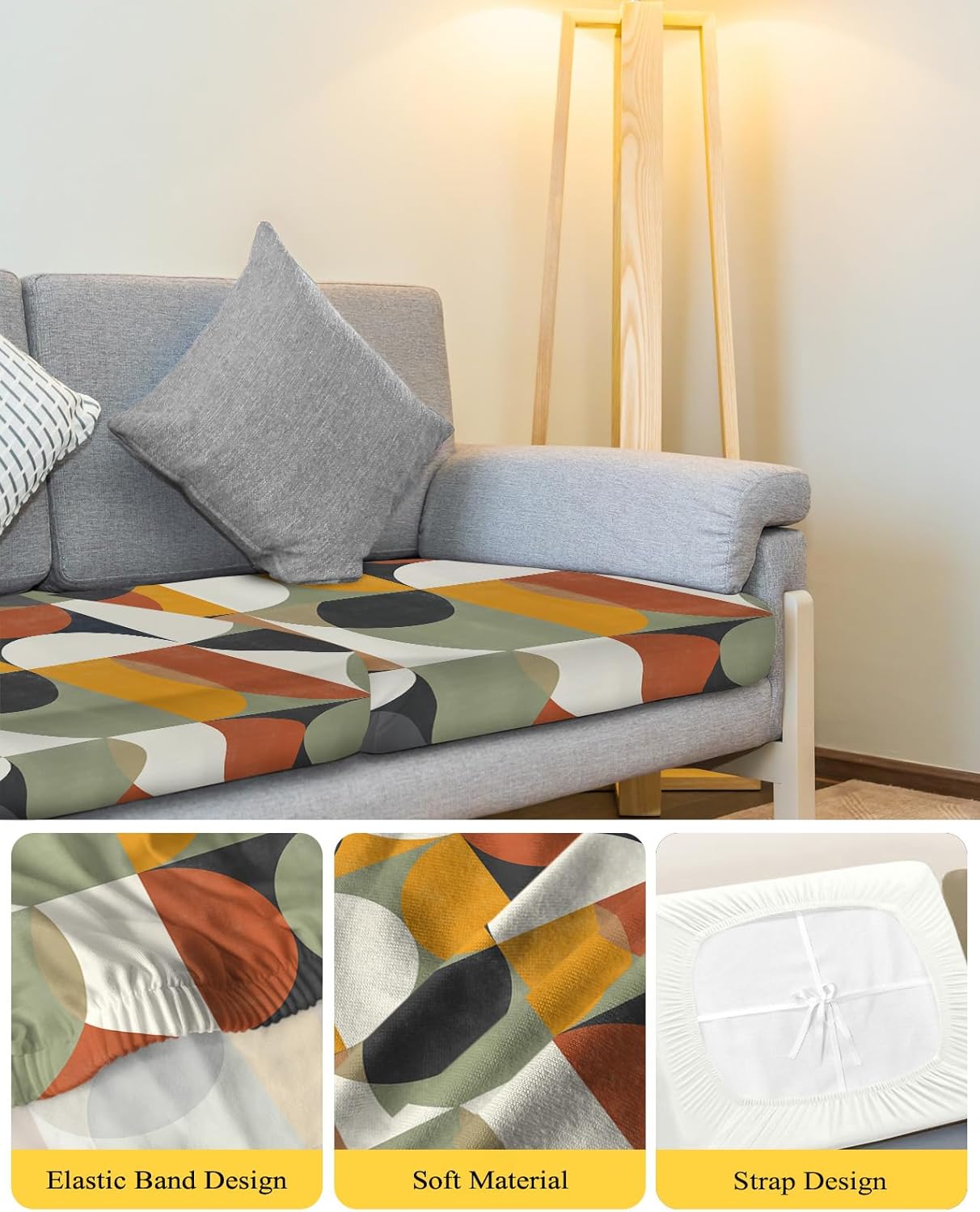 Couch Cushion Covers Mid Century Geometric Stretch Sofa Cushion Slipcovers Abstract Modern Retro Soft Sofa Cover Elastic Non-Slip Sofa Seat Cover Furniture Protector Small 3pcs