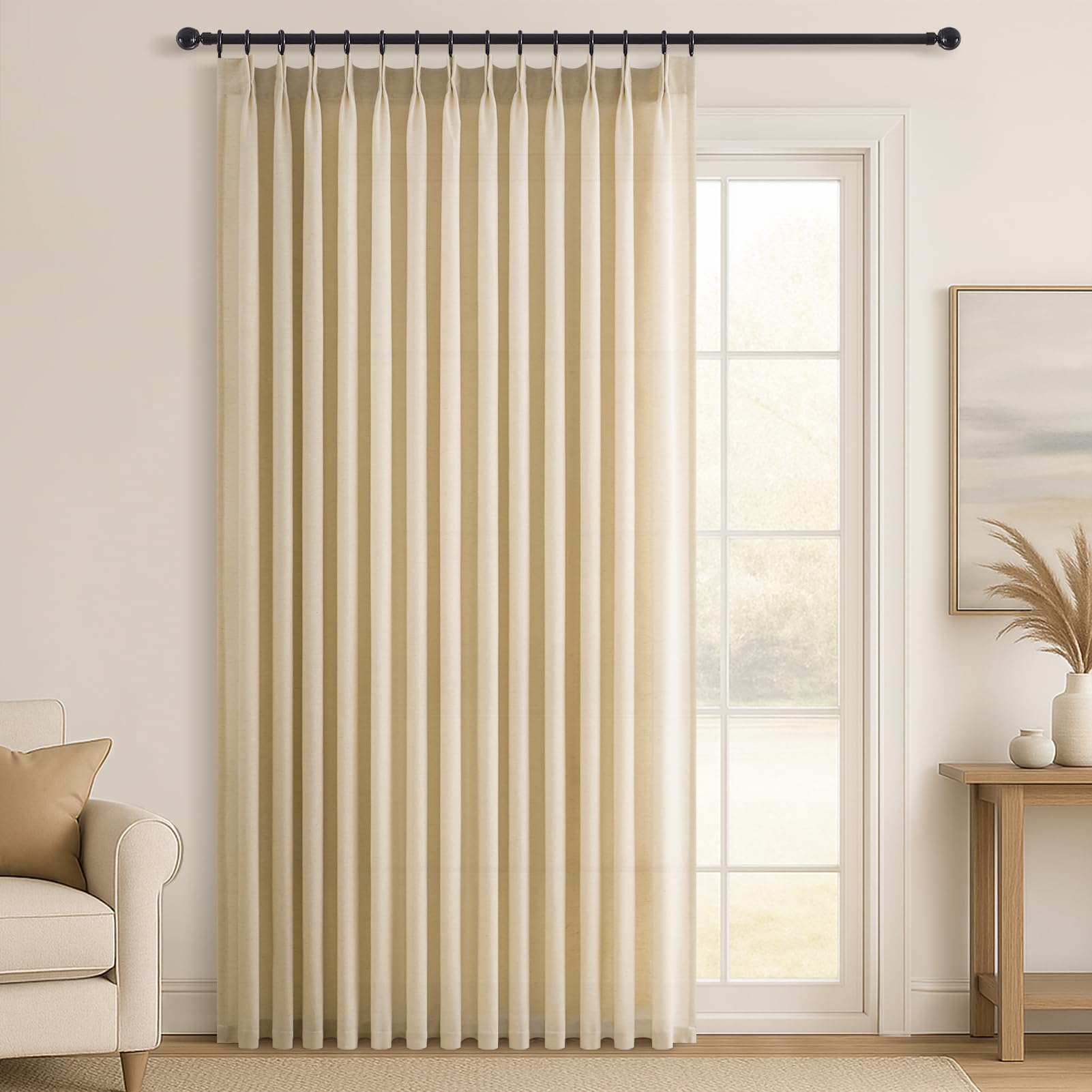 Topfinel 102 Inch Curtains 2 Panels Set,Two Packs Pinch Pleat Back Tab Linen Window Semi Sheer Privacy Thick Decorative Curtain Drapes for Living Room Bedroom,40x102 in Long,Ivory/Off White