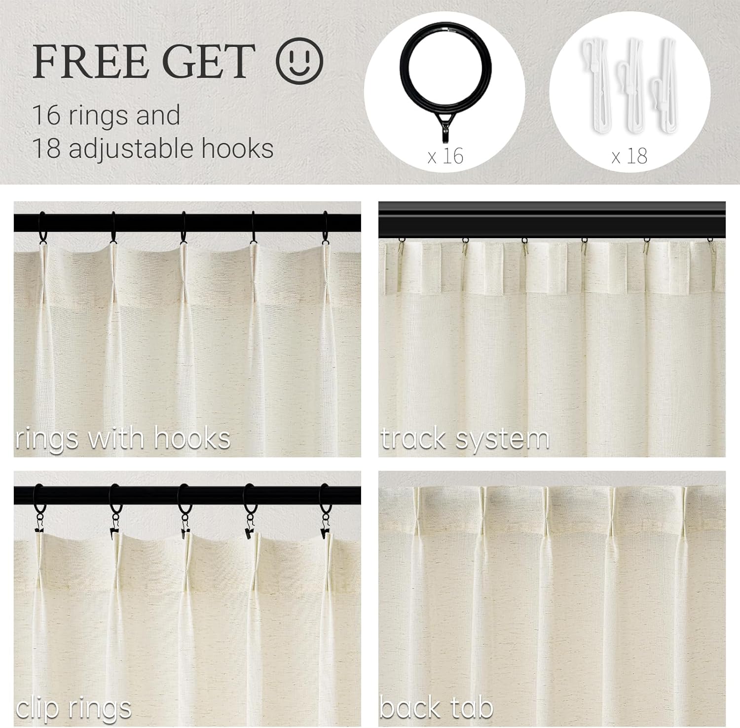 Topfinel 102 Inch Curtains 2 Panels Set,Two Packs Pinch Pleat Back Tab Linen Window Semi Sheer Privacy Thick Decorative Curtain Drapes for Living Room Bedroom,40x102 in Long,Ivory/Off White