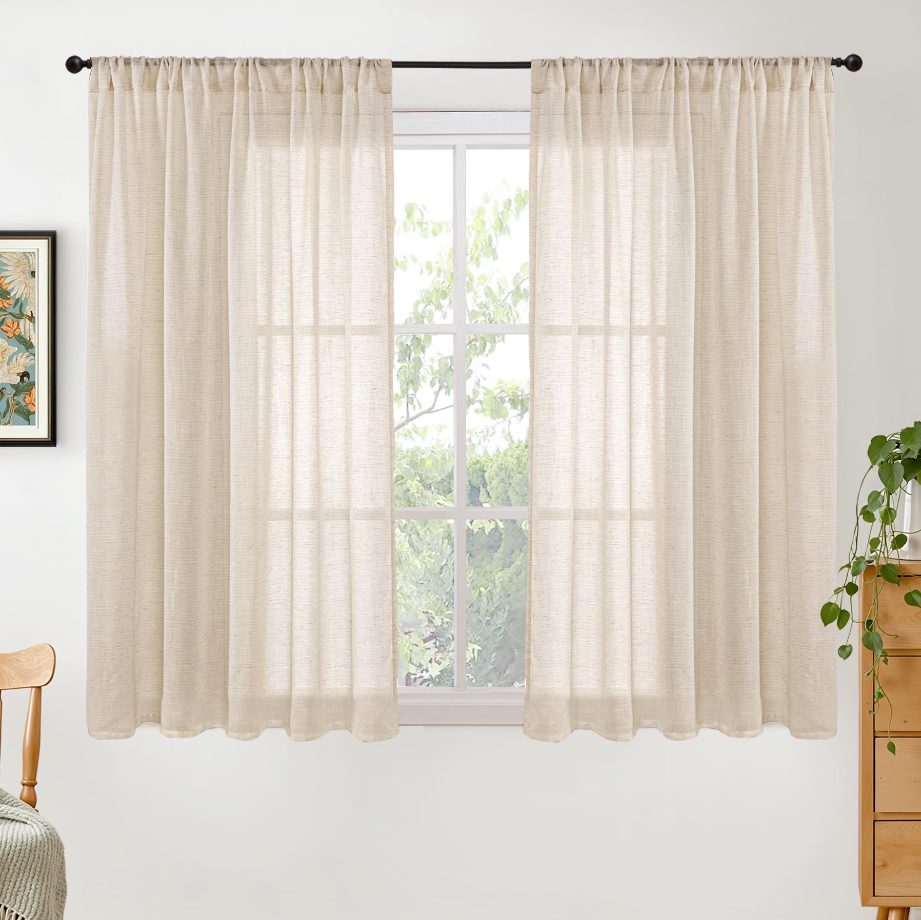 BGment 80 Inches Long Natural Linen Curtains 2 Panels Set - Burlap Light Filtering Window Drapes with Rod Pocket Semi Sheer for Farmhouse Bedroom Decor Rustic, 52 Inch Wide Each Panel
