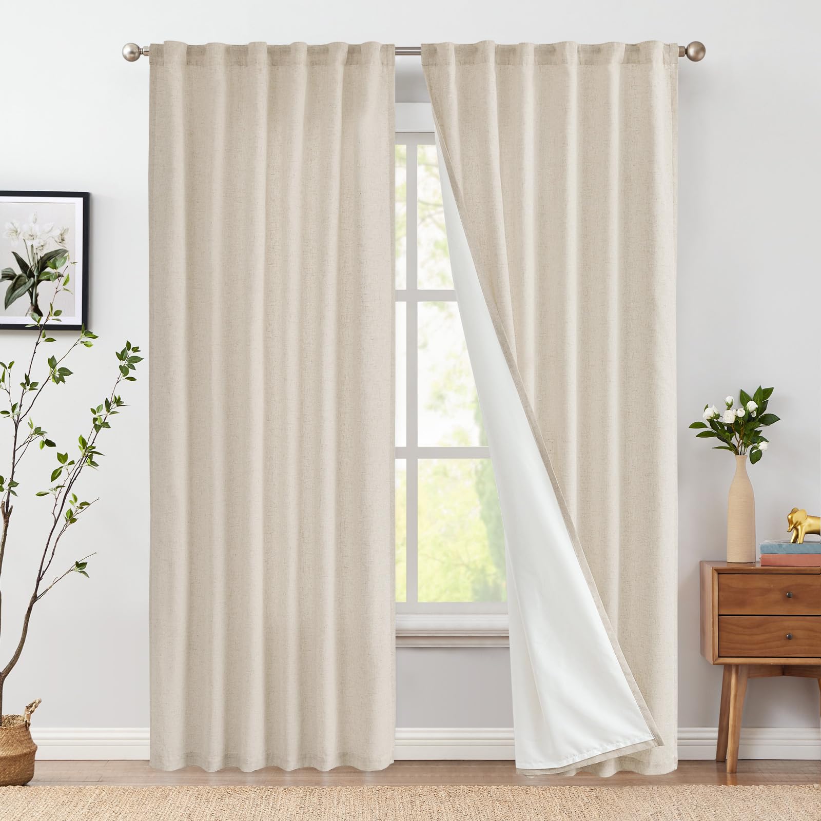 Linen Curtains for Living Room Bedroom 84 Inches Long Thick Linen Textured Beige Curtains Light Filtering Natural Semi Sheer Farmhouse Window Drapes, Country Rustic Drapes 2 Panels Back Tab/Rod Pocket